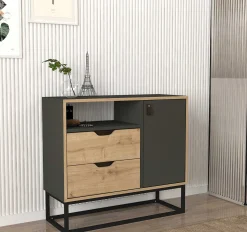 Kommode Dolores - 90x35x80cm - 2 Schubladen und 1 Tür - Eiche Dekor/anthrazit