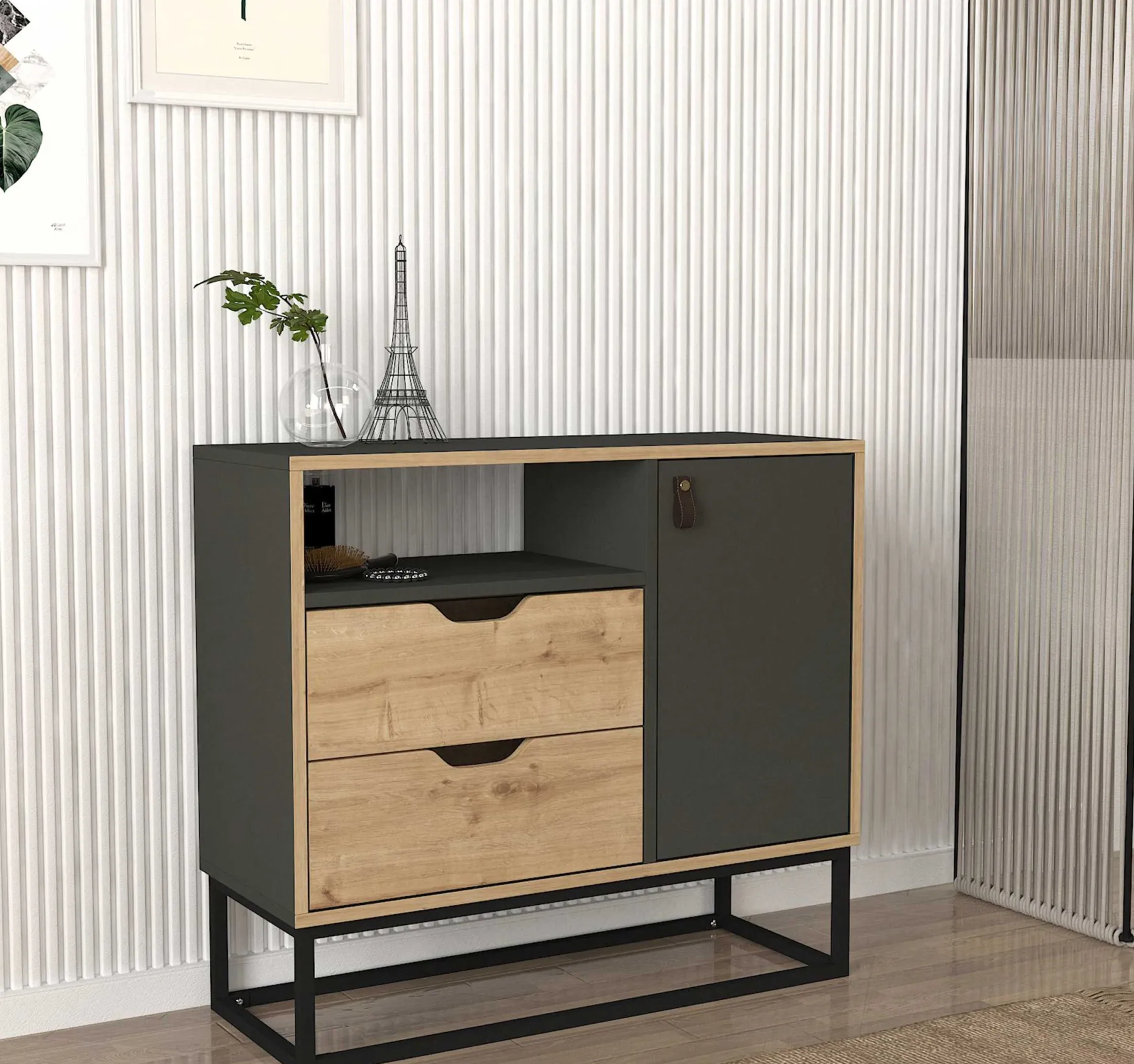 Kommode Dolores - 90x35x80cm - 2 Schubladen und 1 Tür - Eiche Dekor/anthrazit