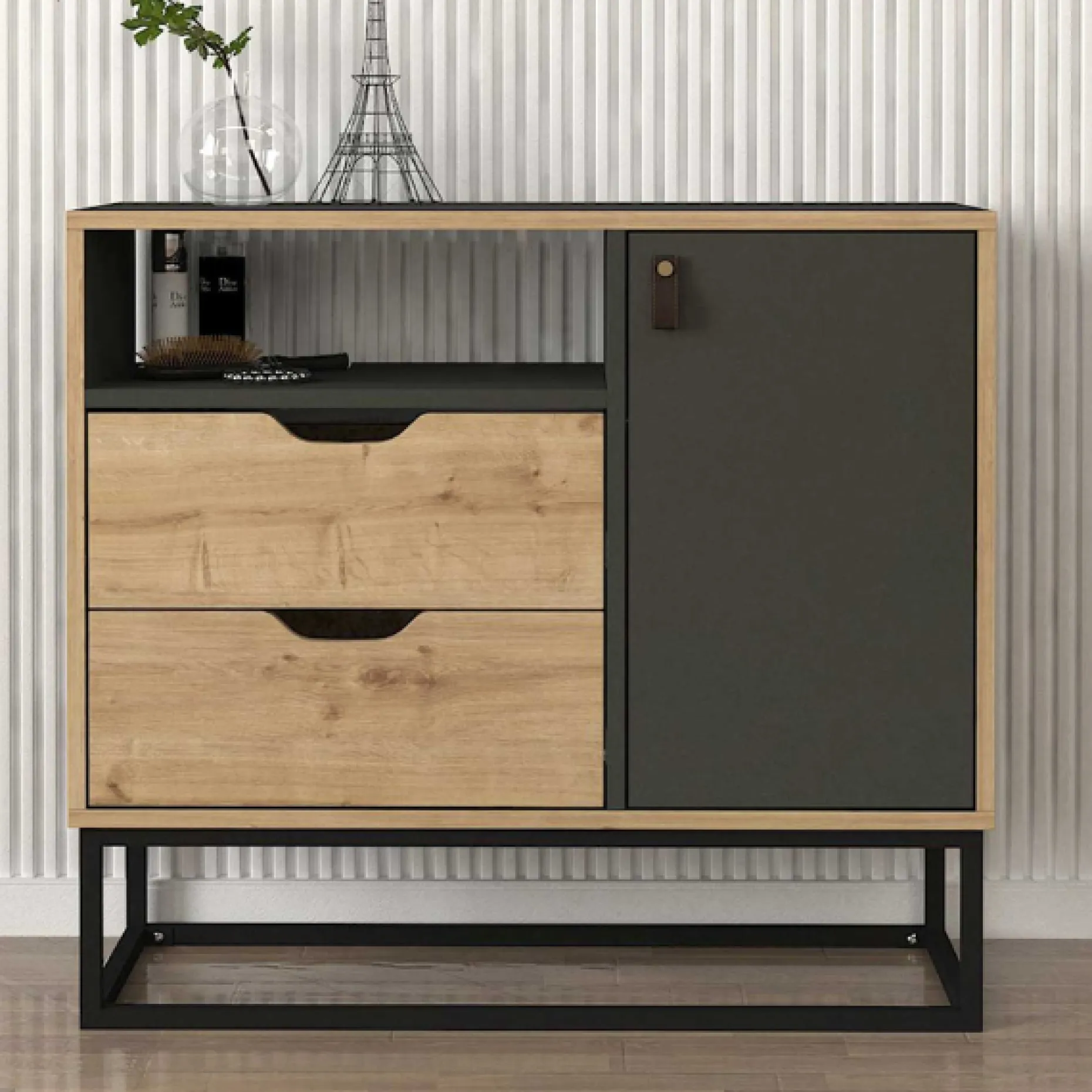 Kommode Dolores - 90x35x80cm - 2 Schubladen und 1 Tür - Eiche Dekor/anthrazit