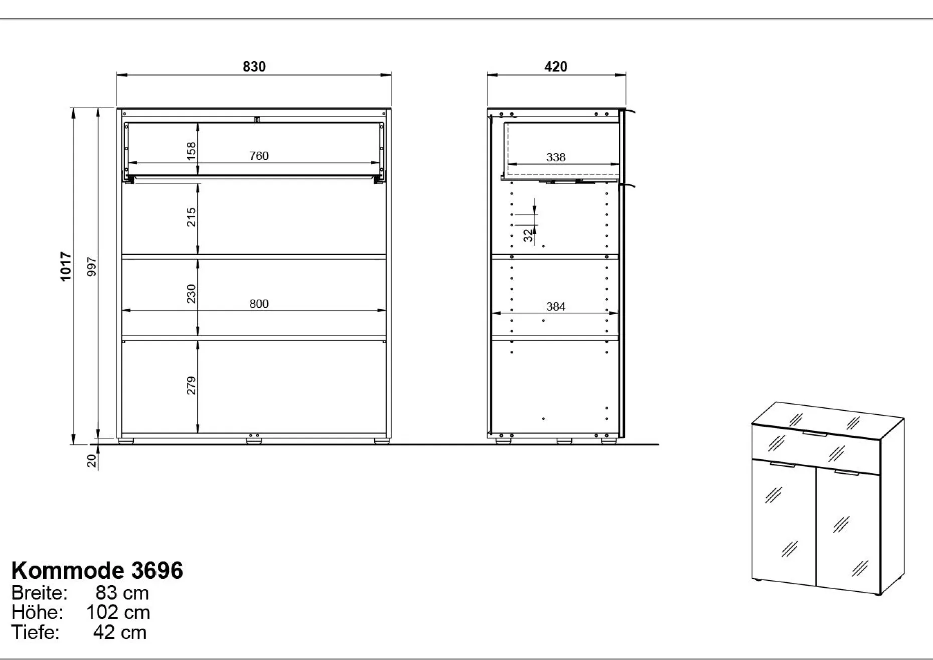 Kommode Dudek 83cm mit 2 Türen und 1 Schublade - weiß