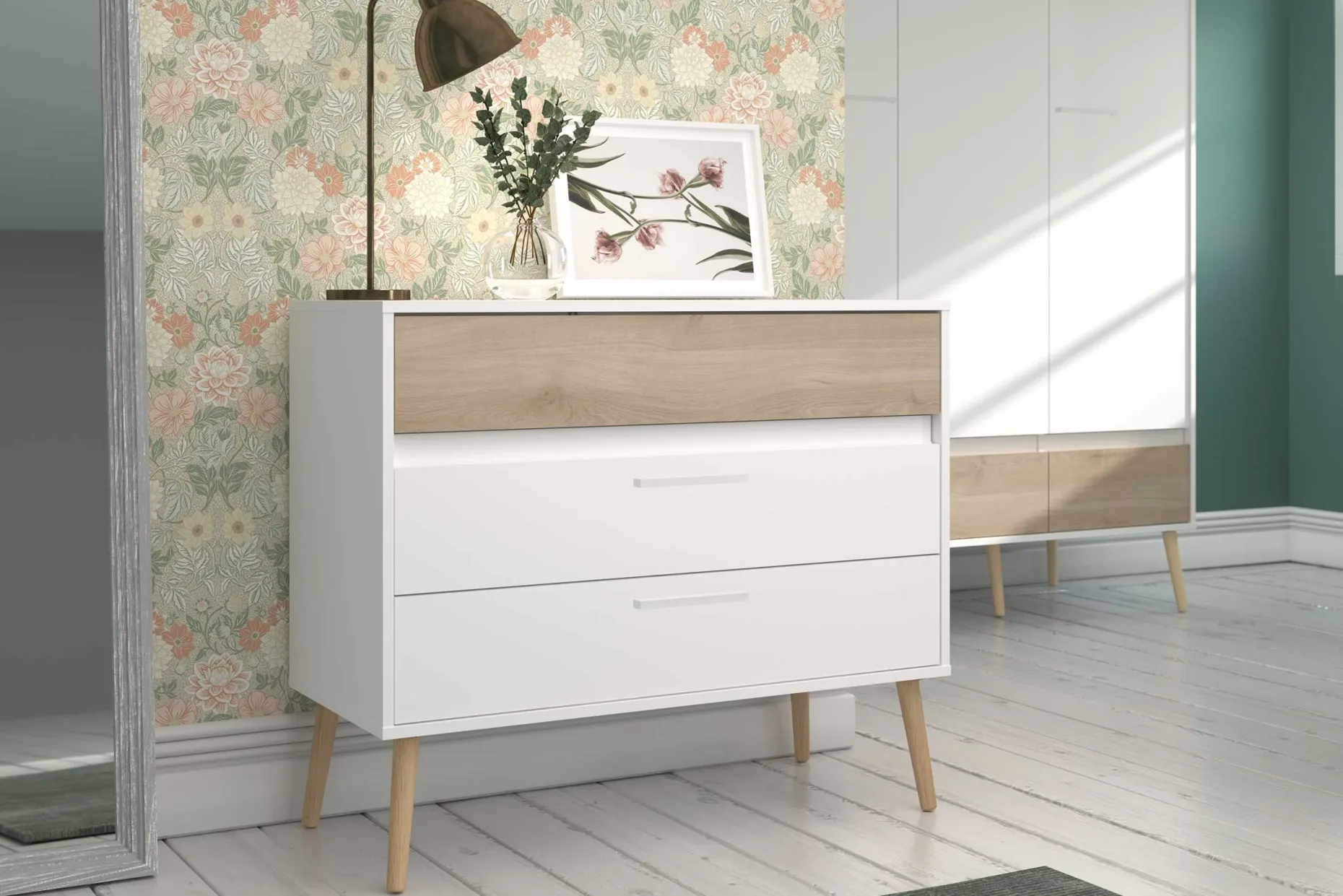Kommode Hardy 91cm mit 3 Schubladen - Molke/Eiche