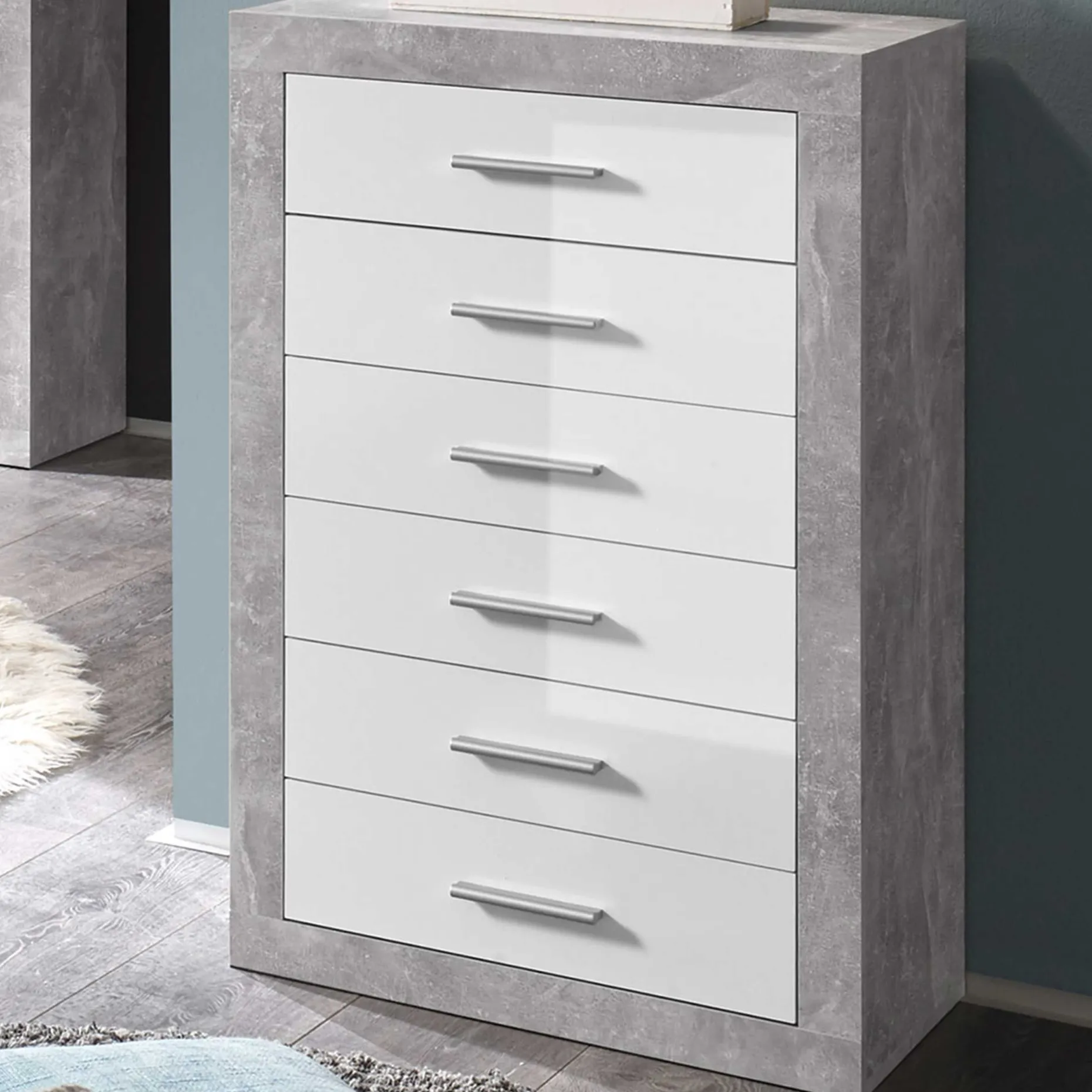 Kommode Inga 66cm mit 6 Schubladen - Beton/Weiß