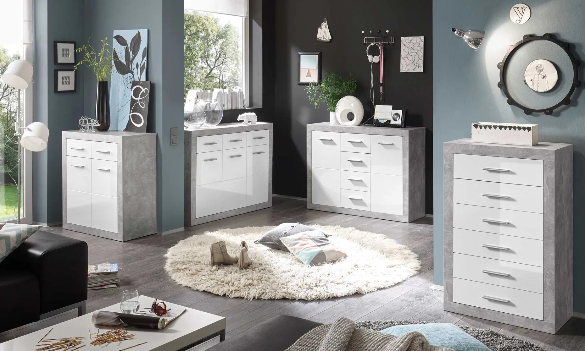 Kommode Inga 66cm mit 6 Schubladen - Beton/Weiß