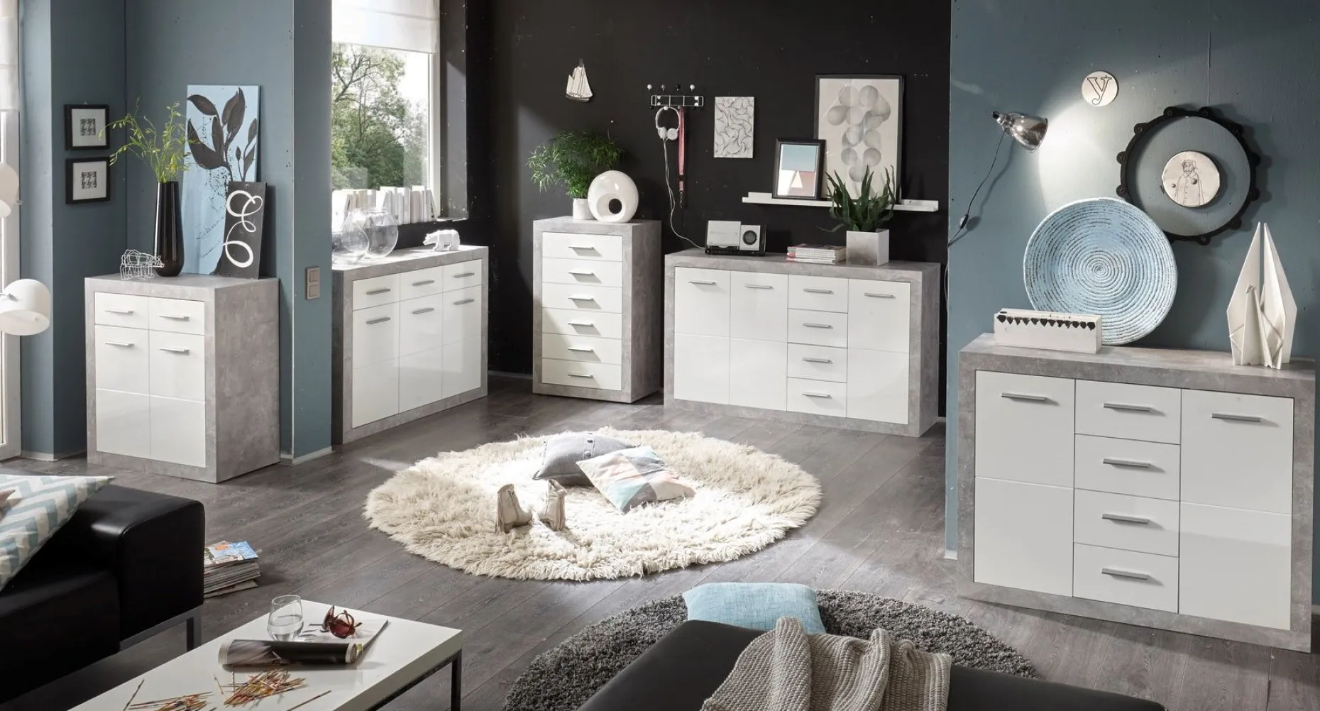 Kommode Inga 82 cm mit 2 Türen und 2 Schubladen - Beton/Weiß