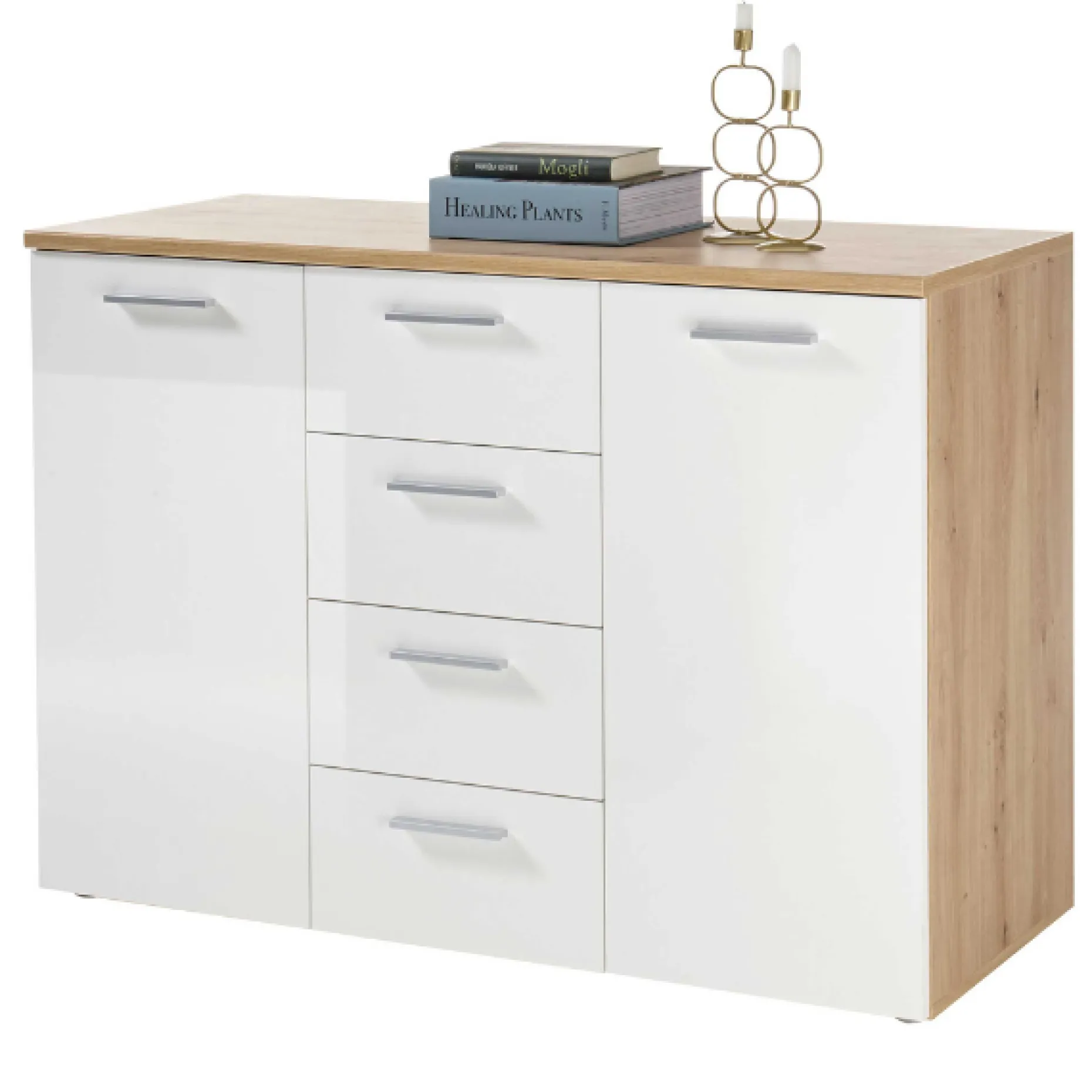 Kommode Lobi 2 Türen 4 Schubladen - weiß glänzend/Holz