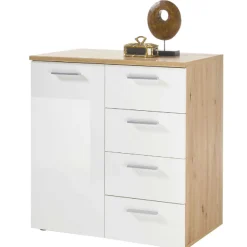 Kommode Lobi 1 Tür 4 Schubladen - weiß glänzend/Holz