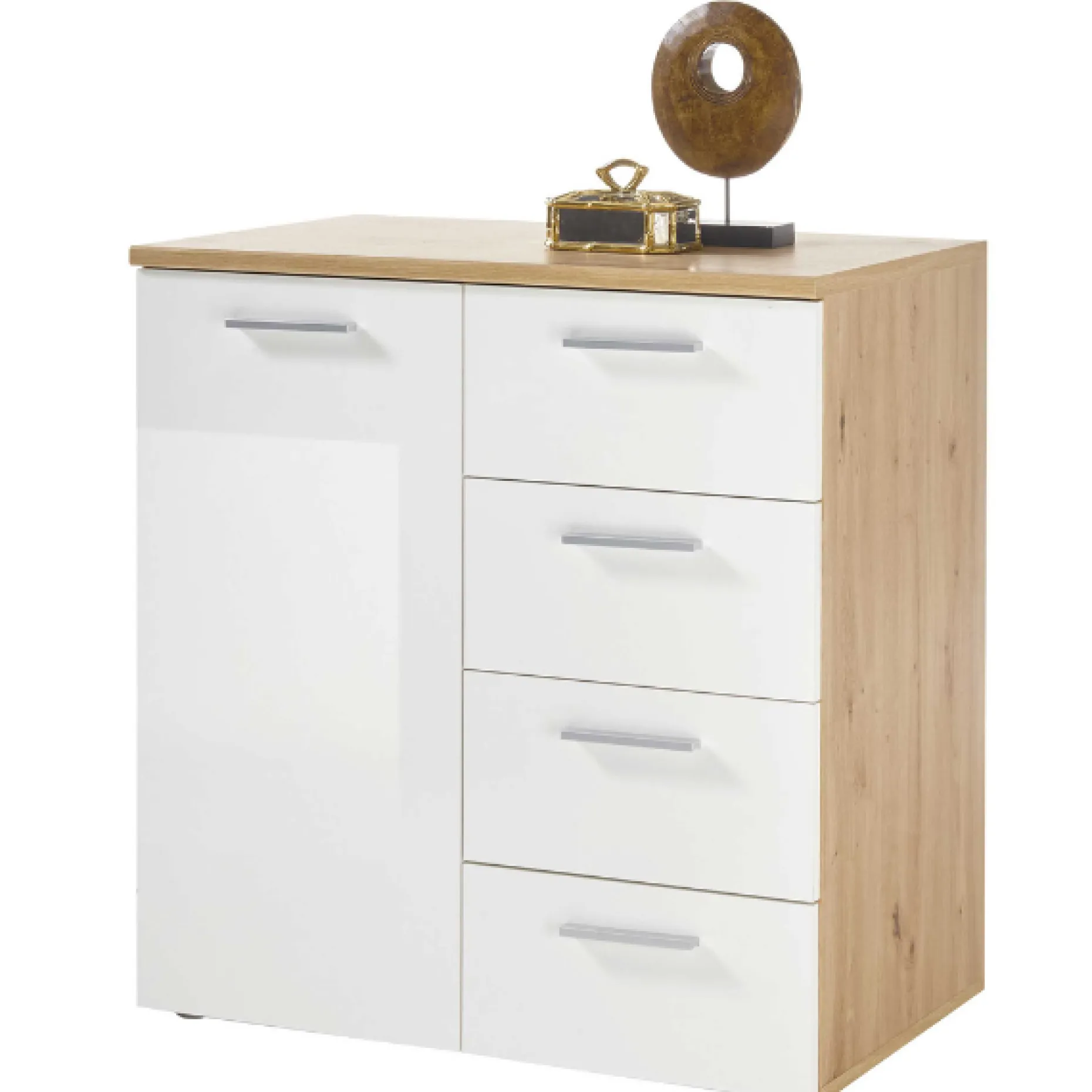 Kommode Lobi 1 Tür 4 Schubladen - weiß glänzend/Holz