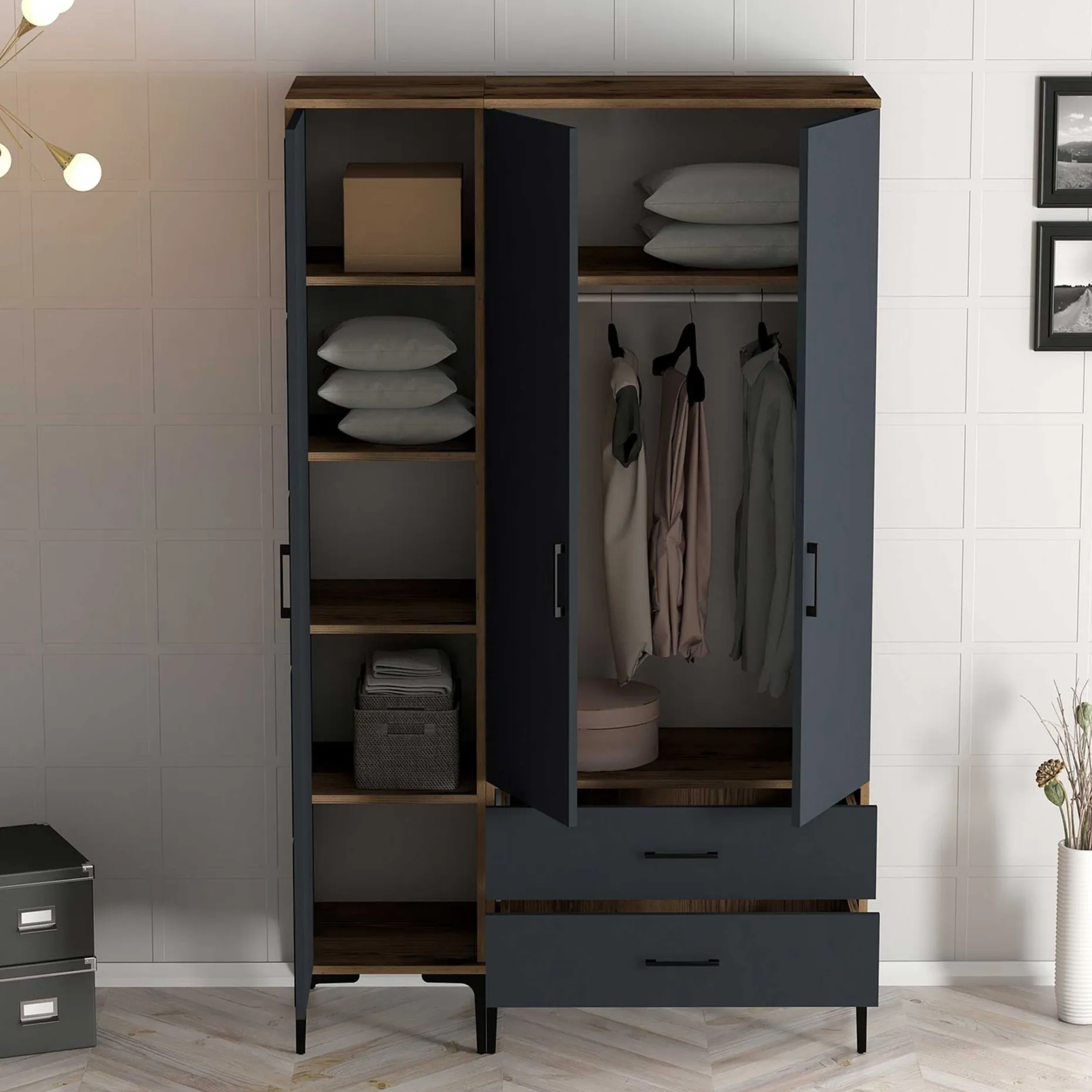 Kumsal Kleiderschrank | 100% MELAMIN | Walnuss, Anthrazit