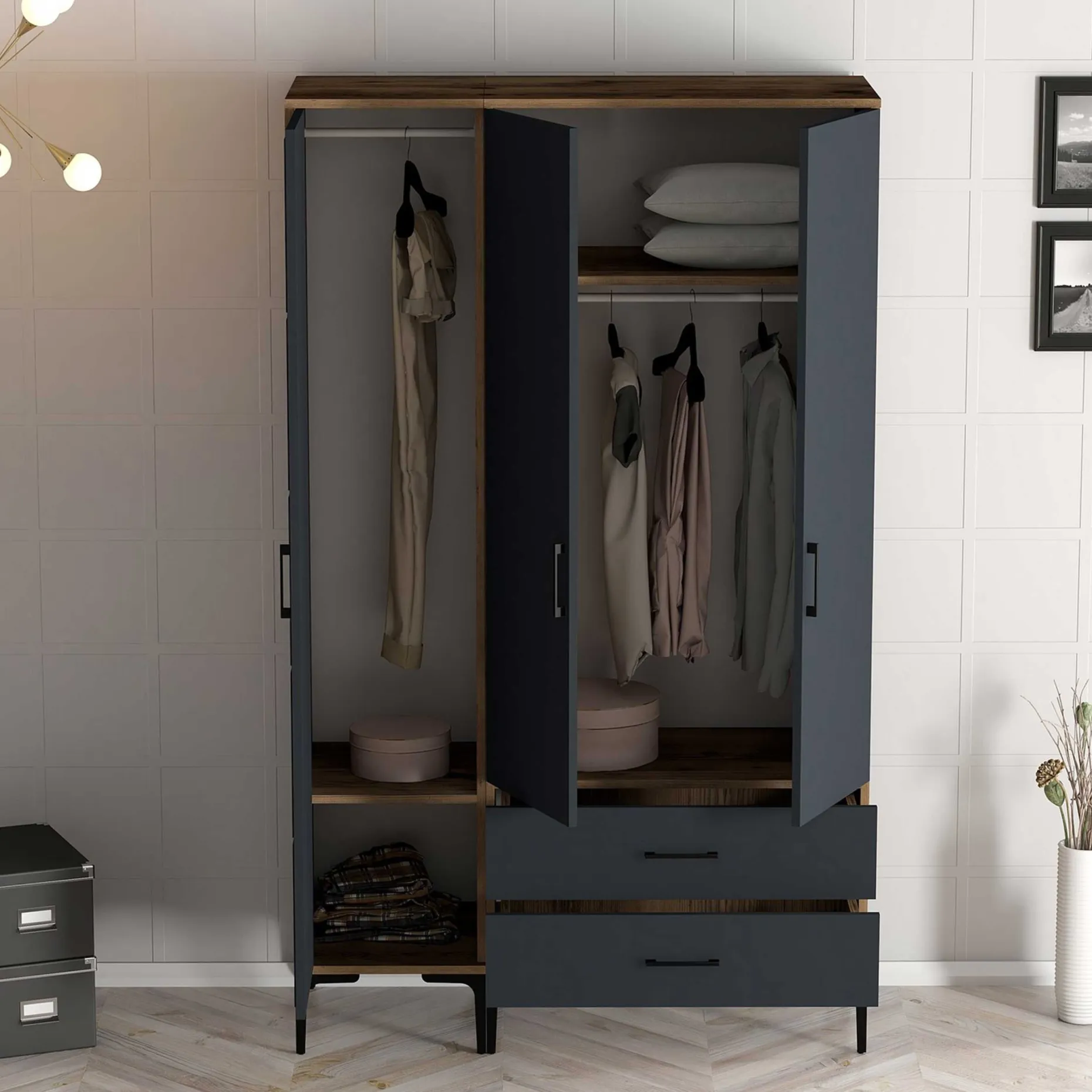 Kumsal Kleiderschrank | 100% MELAMIN | Walnuss, Anthrazit
