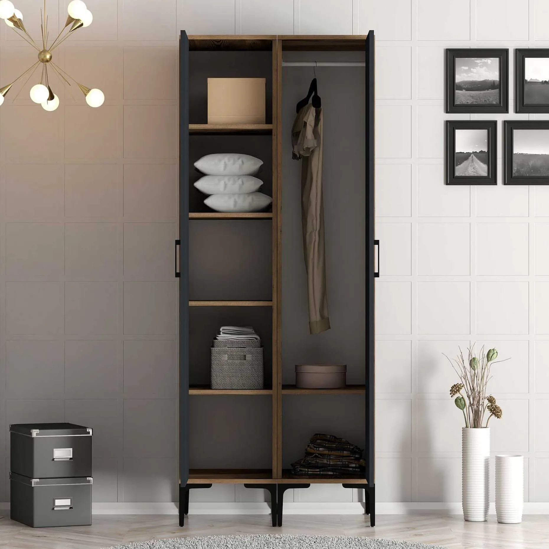 Kumsal Kleiderschrank | 100% MELAMIN | Walnuss, Anthrazit