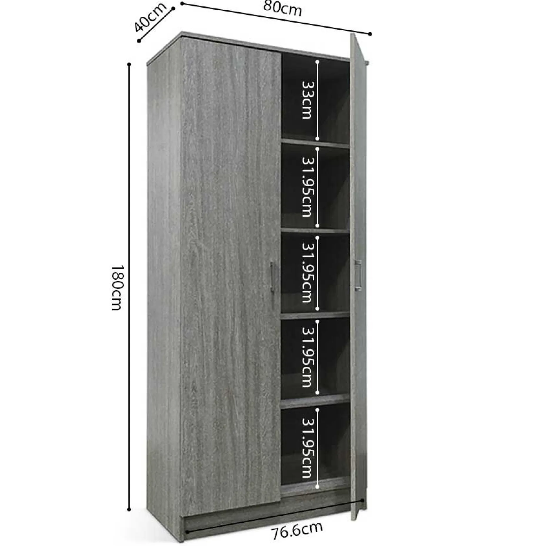 Lagerschrank Ray 80cm mit 2 Türen und 4 Einlegeböden - Eiche grau