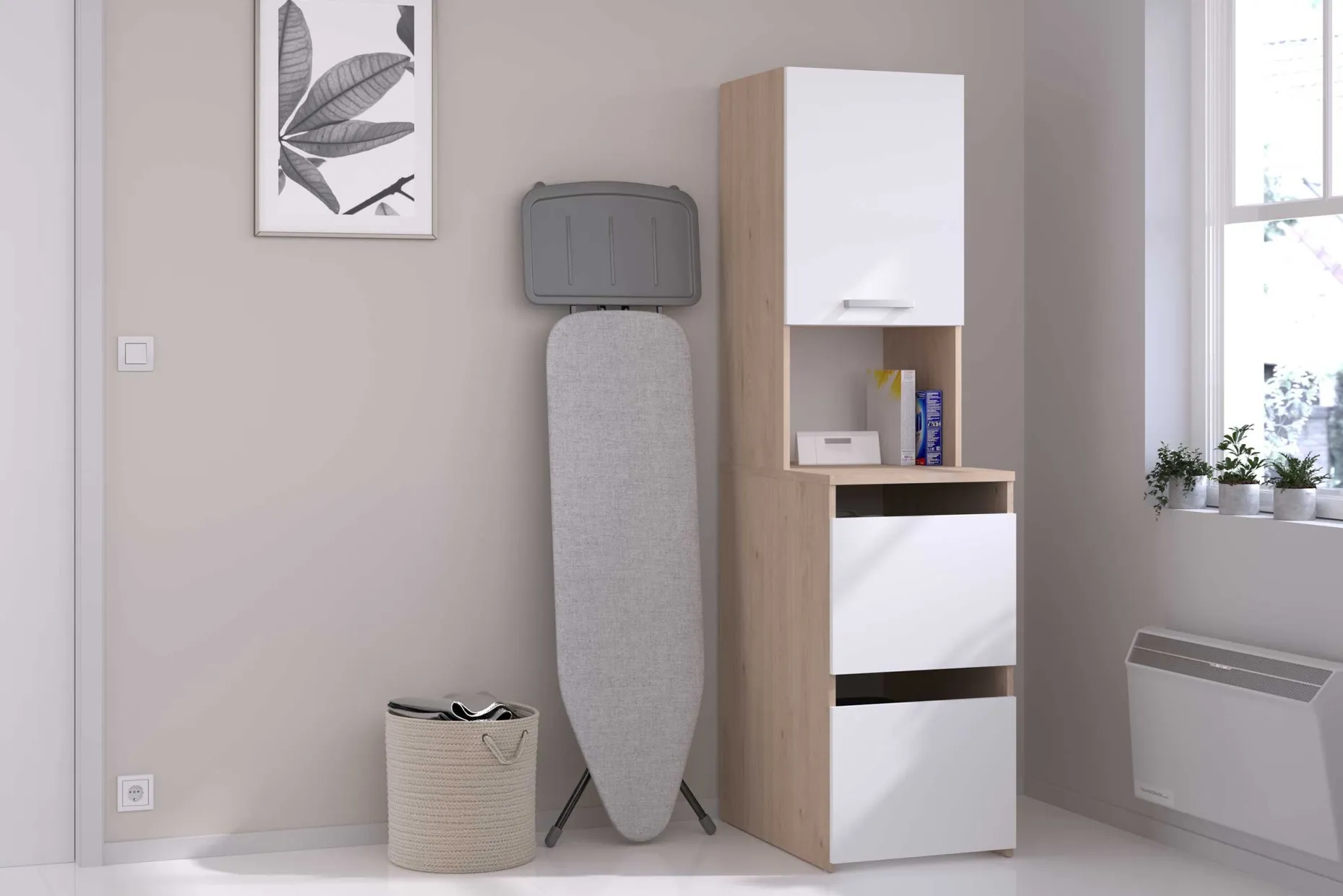 Laundry Aufbewahrungsschrank - 47x66x184cm - 3 Türen - Eiche Dekor/Weiß