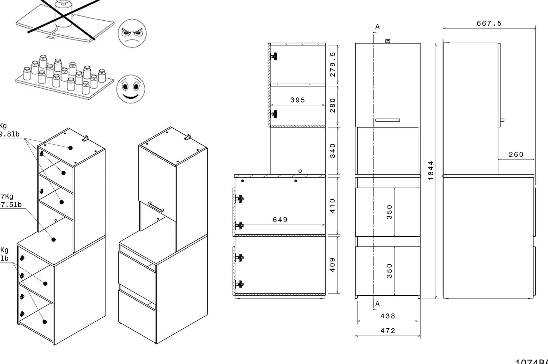 Laundry Aufbewahrungsschrank - 47x66x184cm - 3 Türen - Eiche Dekor/Weiß