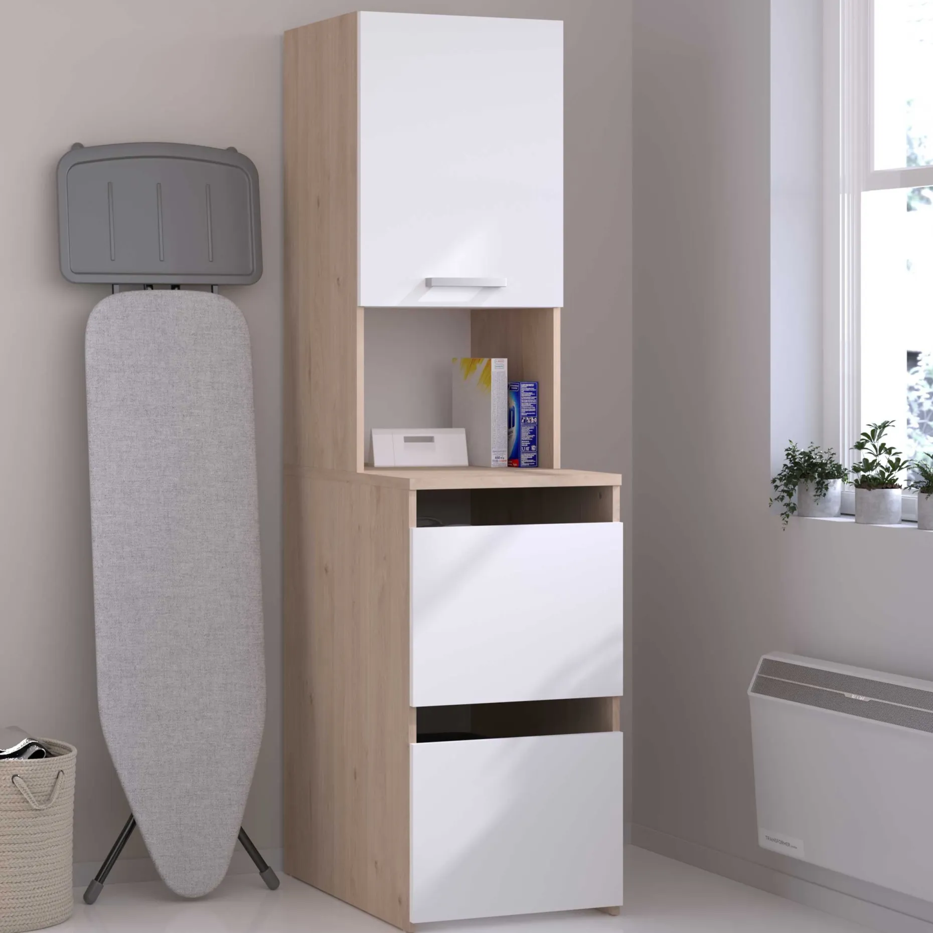 Laundry Aufbewahrungsschrank - 47x66x184cm - 3 Türen - Eiche Dekor/Weiß