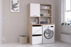 Laundry Aufbewahrungsschrank - 47x66x184cm - 3 Türen - Eiche Dekor/Weiß