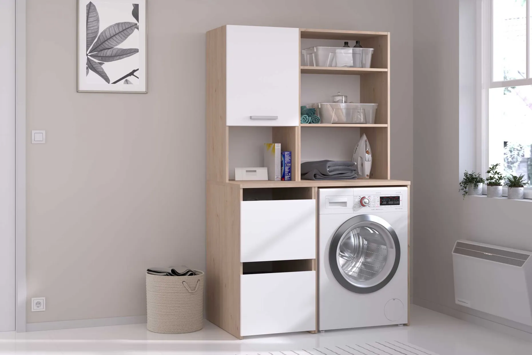 Laundry Aufbewahrungsschrank - 47x66x184cm - 3 Türen - Eiche Dekor/Weiß