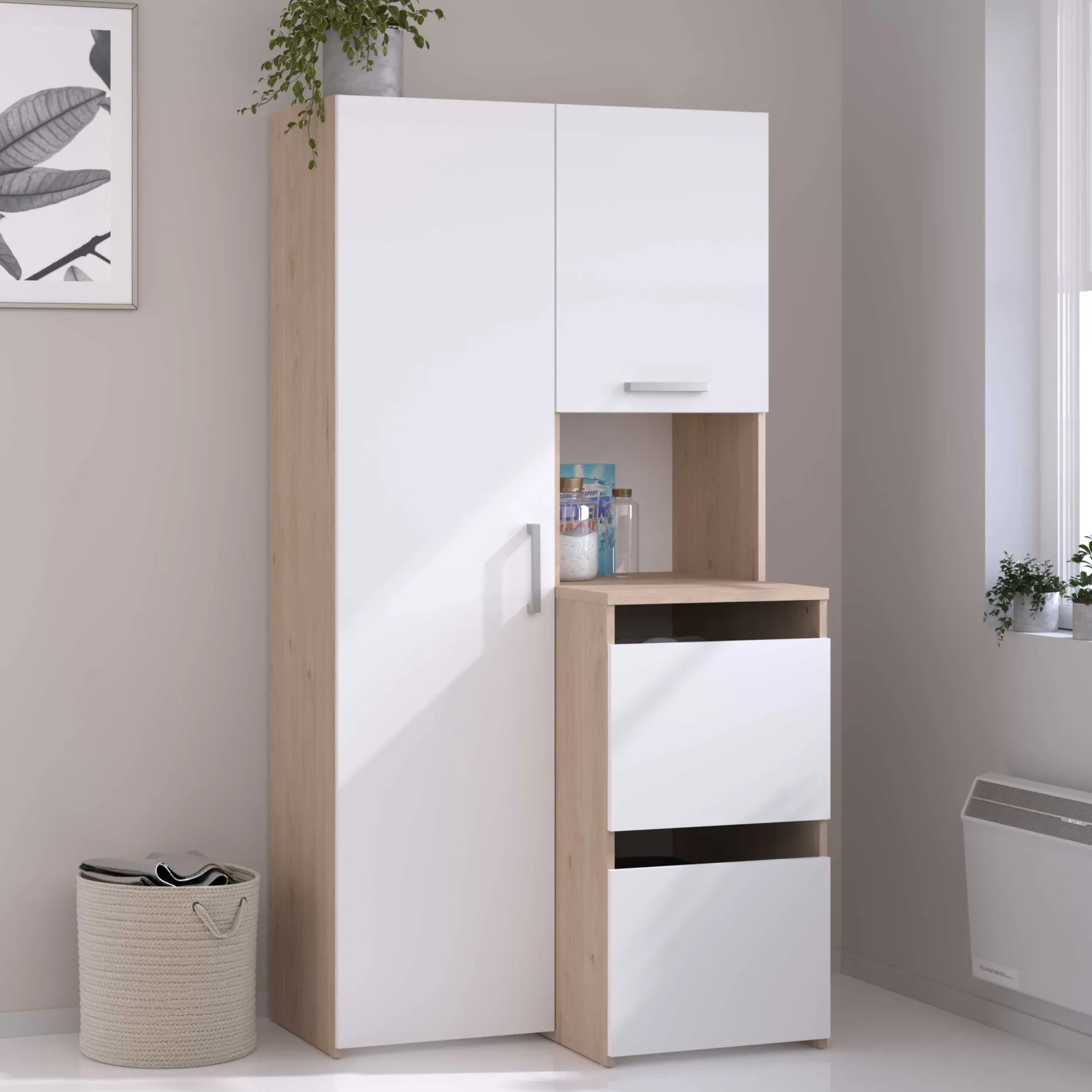 Laundry Aufbewahrungsschrank - 92x66x184cm - 4 Türen - Eiche Dekor/Weiß