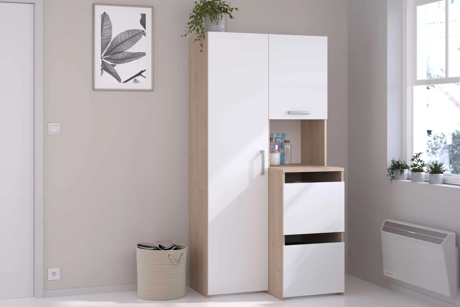 Laundry Aufbewahrungsschrank - 92x66x184cm - 4 Türen - Eiche Dekor/Weiß
