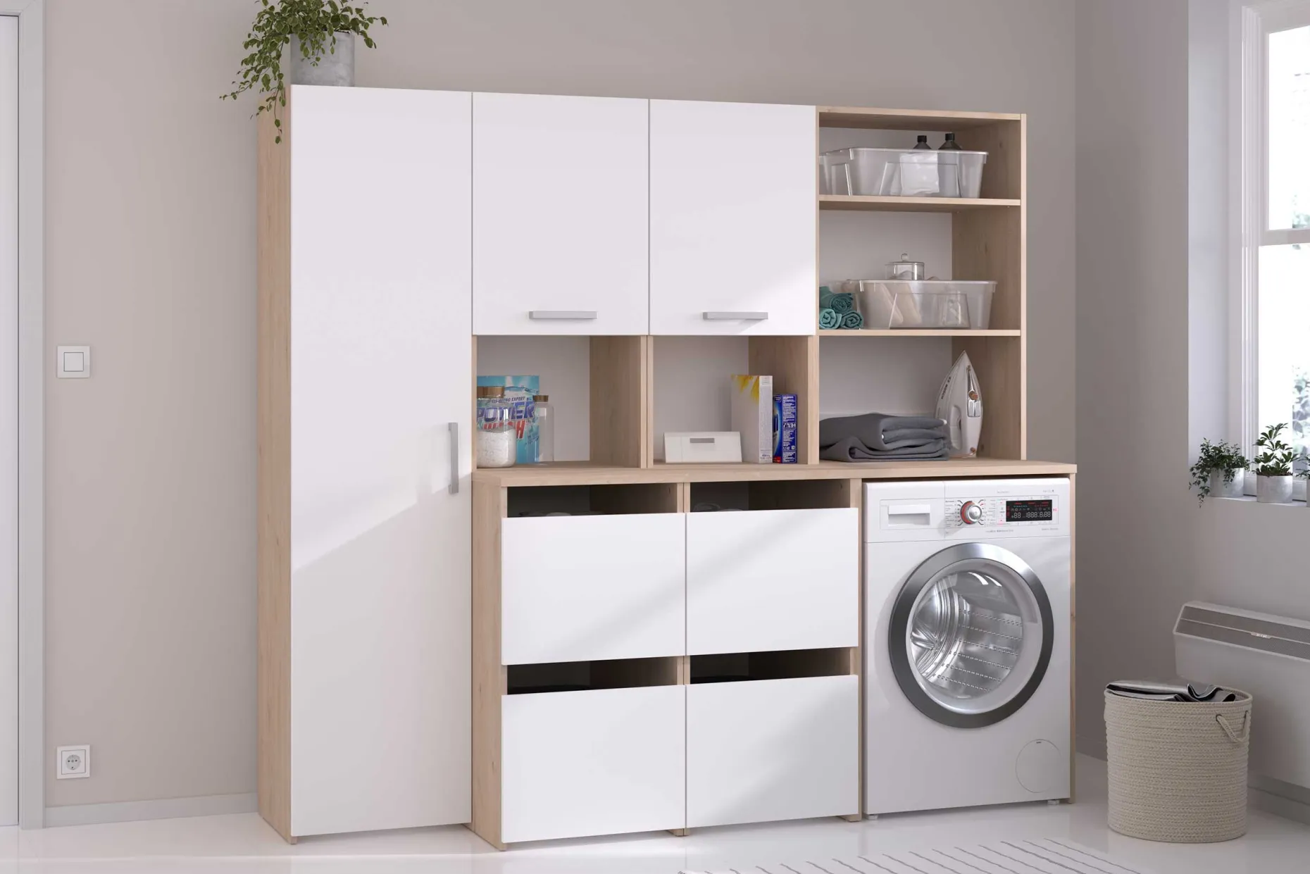 Laundry Aufbewahrungsschrank - 92x66x184cm - 4 Türen - Eiche Dekor/Weiß