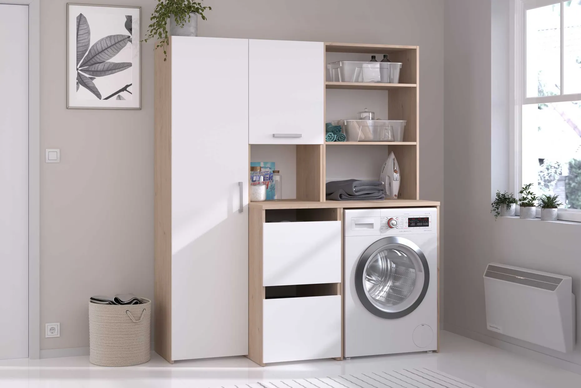 Laundry Aufbewahrungsschrank - 92x66x184cm - 4 Türen - Eiche Dekor/Weiß