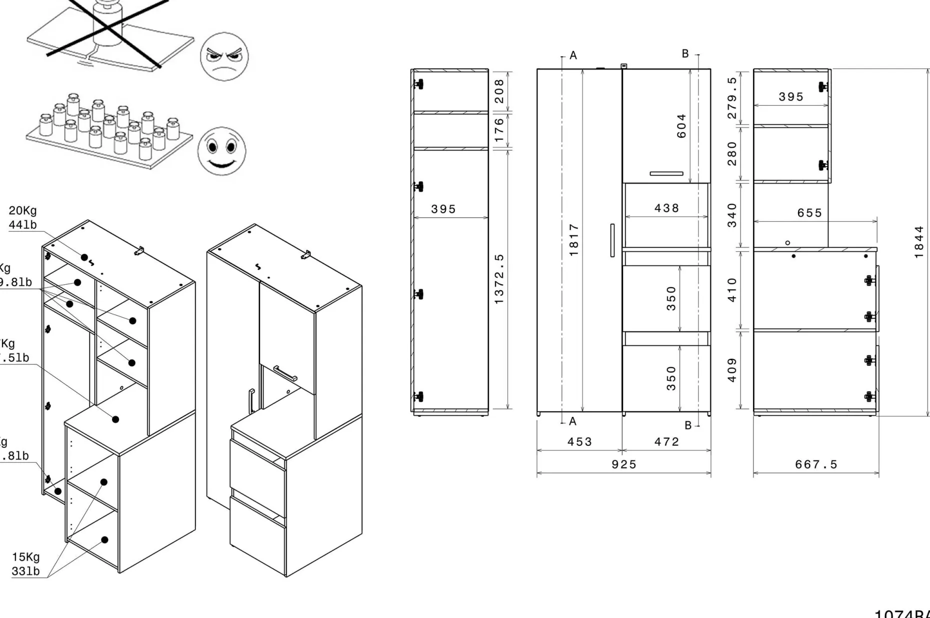Laundry Aufbewahrungsschrank - 92x66x184cm - 4 Türen - Eiche Dekor/Weiß