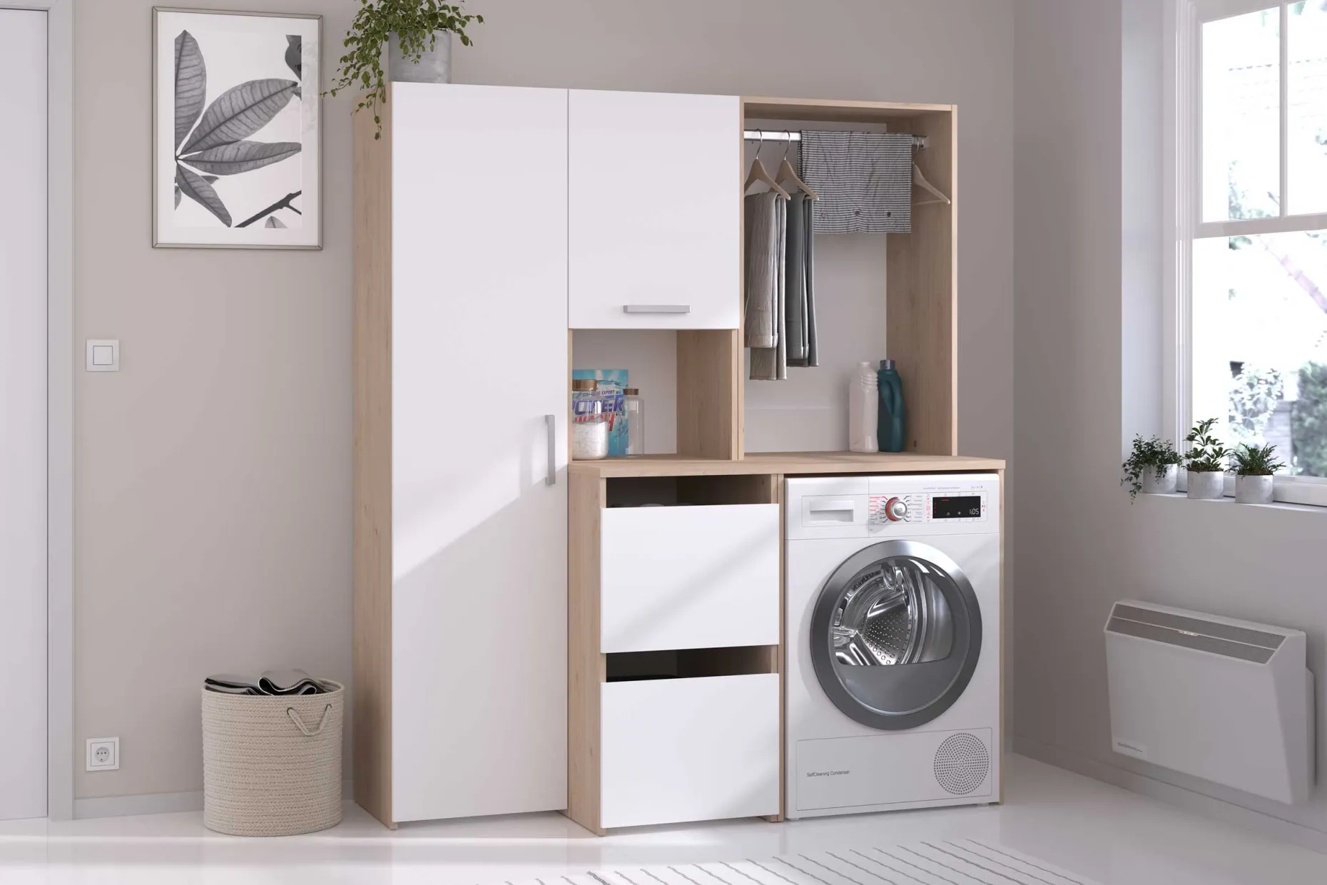 Laundry Aufbewahrungsschrank - 92x66x184cm - 4 Türen - Eiche Dekor/Weiß