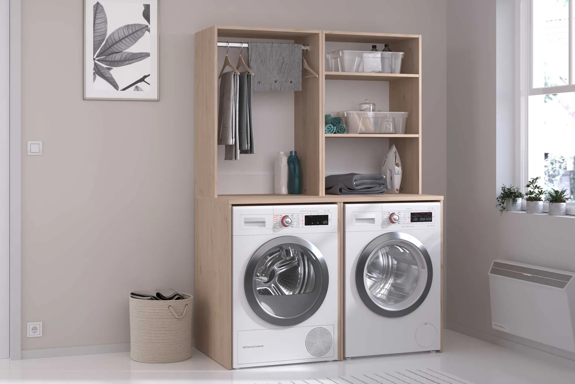 Laundry Waschmaschinenschrank - 65x60x184cm - mit Kleiderstange - Eiche Dekor