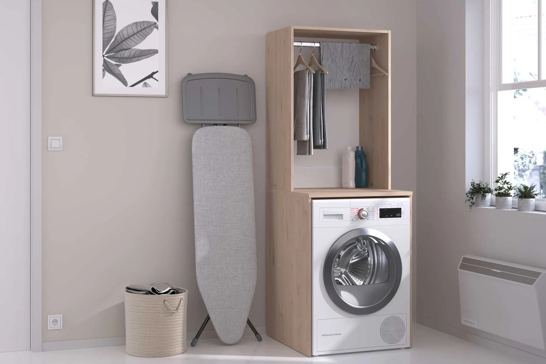 Laundry Waschmaschinenschrank - 65x60x184cm - mit Kleiderstange - Eiche Dekor
