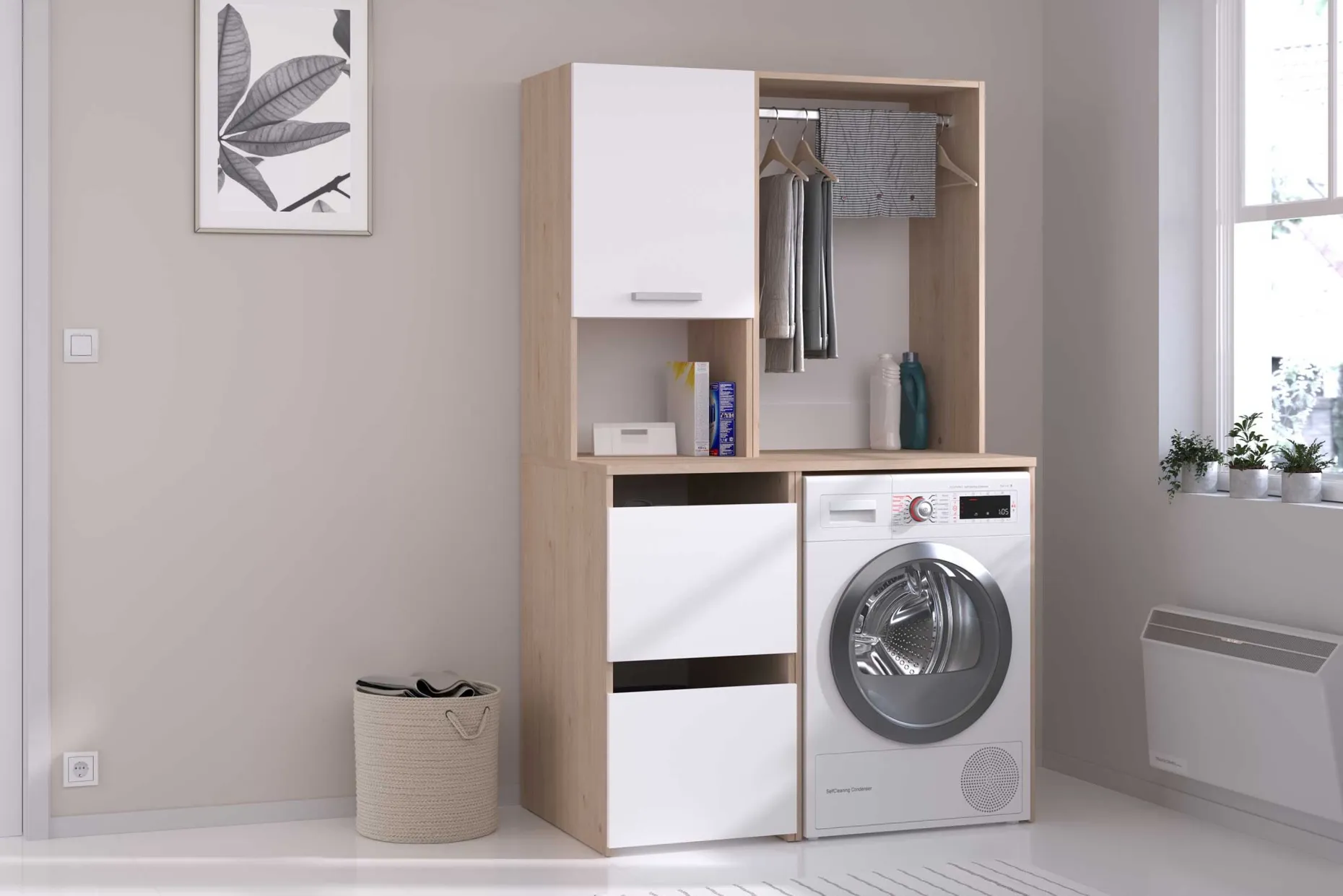 Laundry Waschmaschinenschrank - 65x60x184cm - mit Kleiderstange - Eiche Dekor