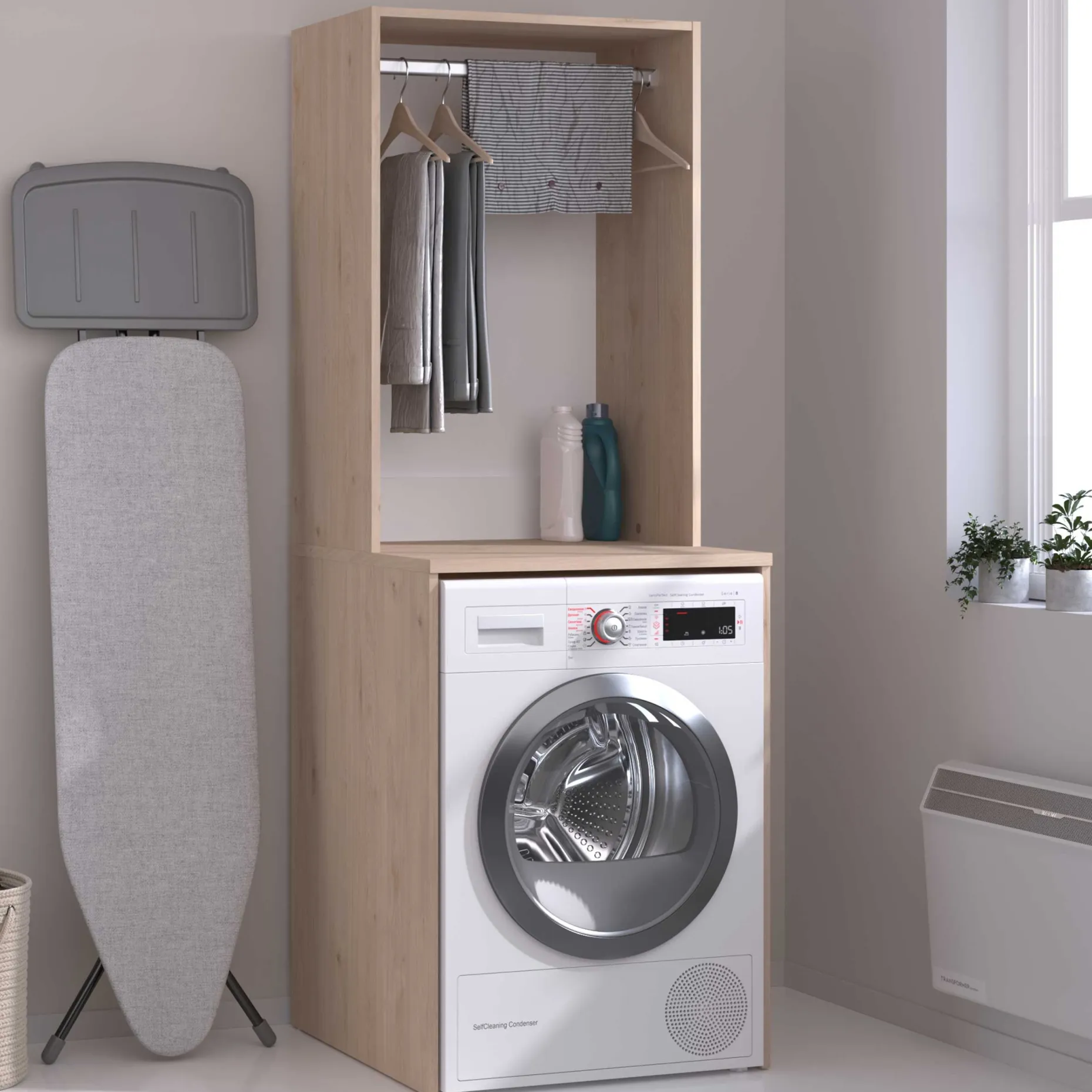 Laundry Waschmaschinenschrank - 65x60x184cm - mit Kleiderstange - Eiche Dekor