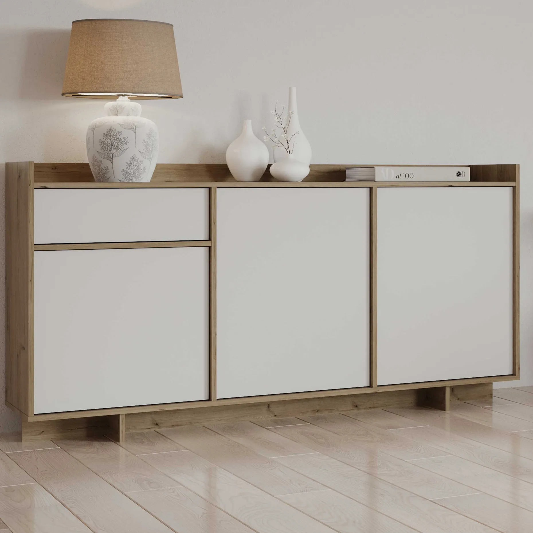 Leda Sideboard - 157x36x82cm - 3 Türen und 1 Schublade - weiß/Eiche Dekor