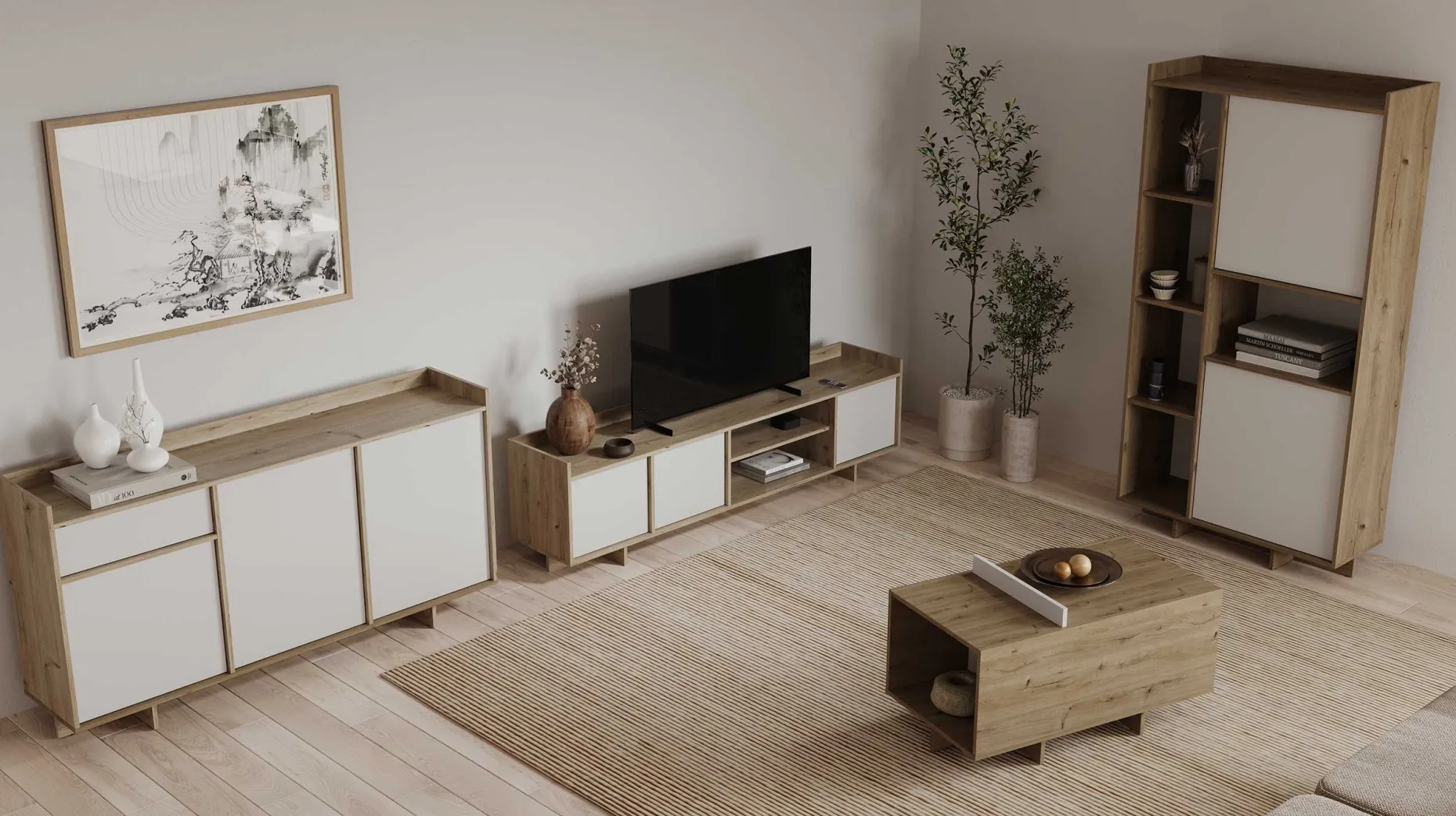 Leda Sideboard - 157x36x82cm - 3 Türen und 1 Schublade - weiß/Eiche Dekor