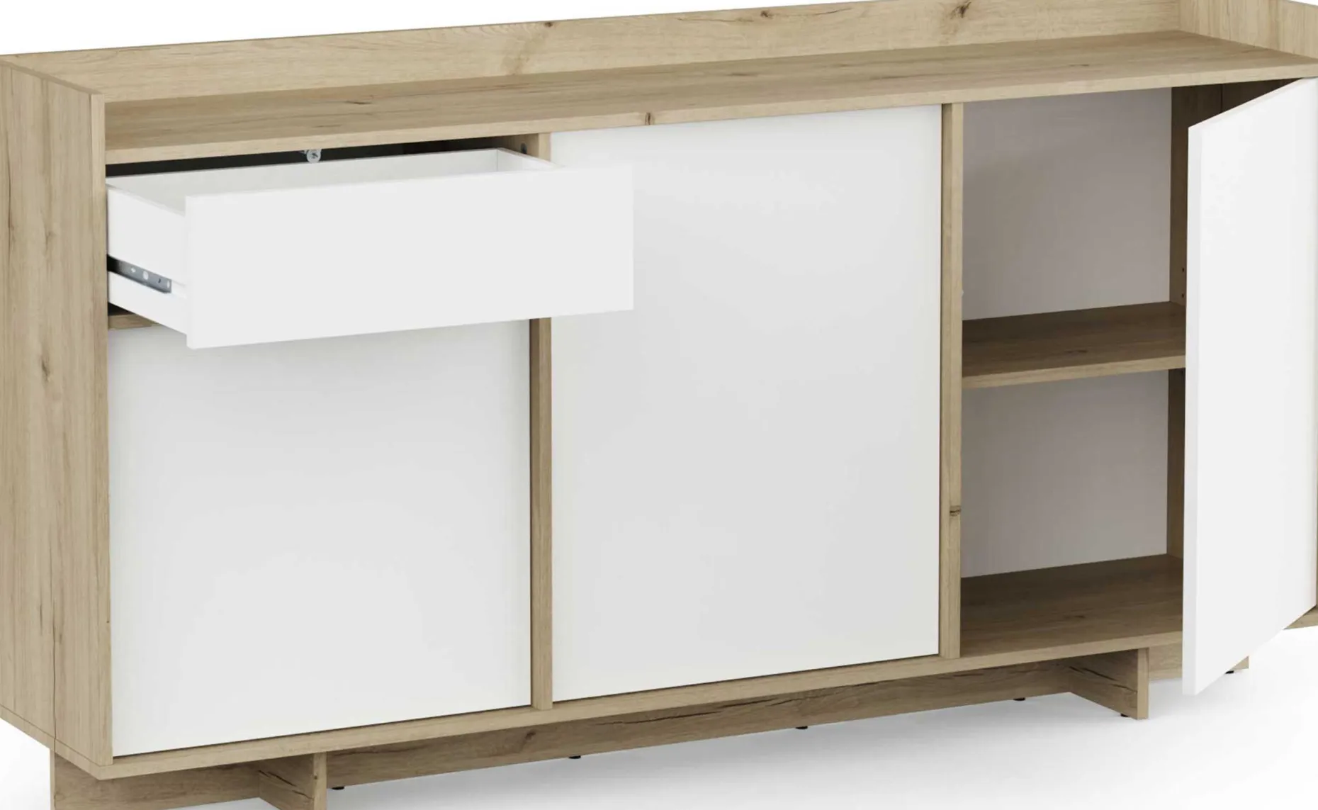 Leda Sideboard - 157x36x82cm - 3 Türen und 1 Schublade - weiß/Eiche Dekor