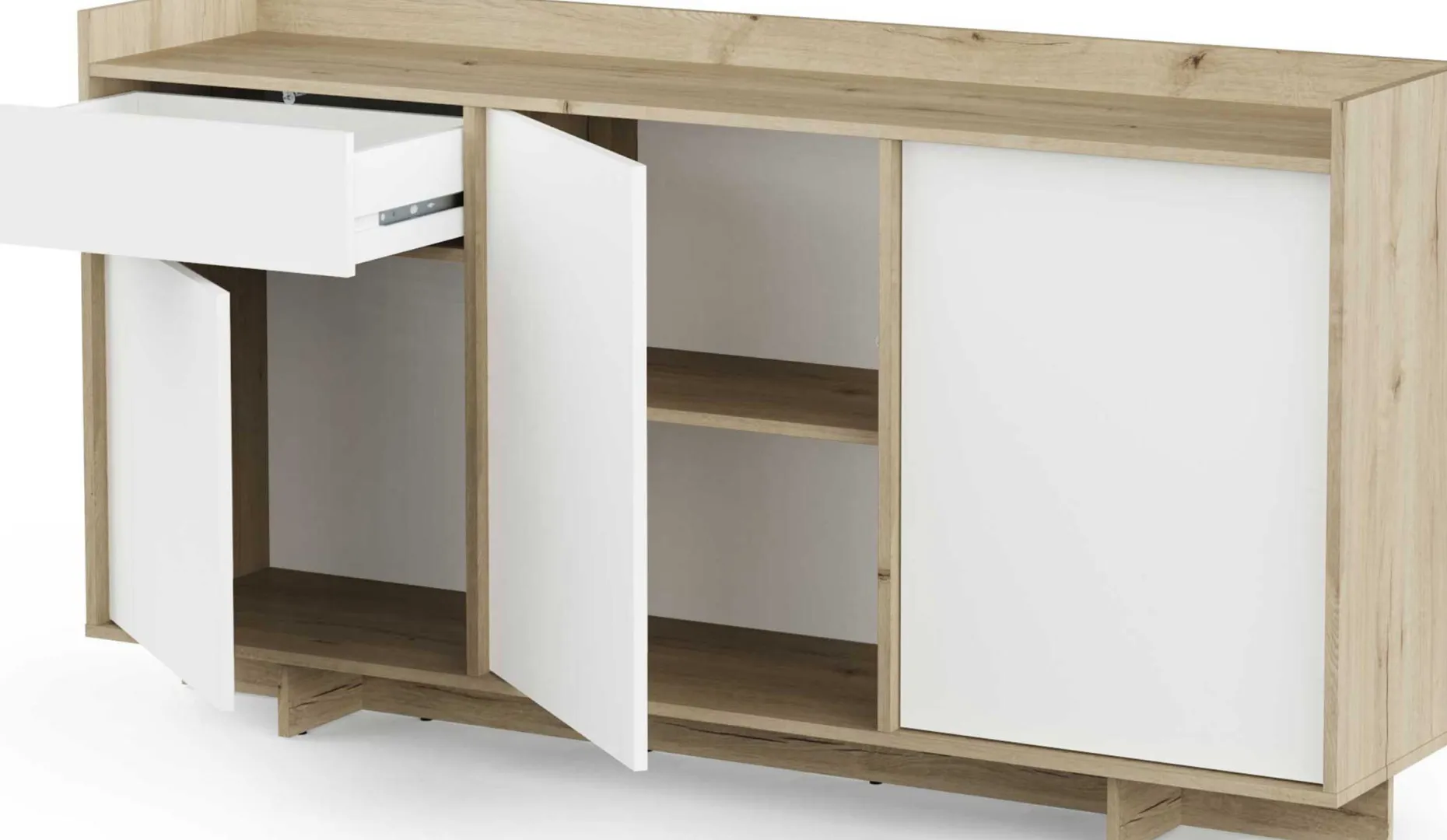 Leda Sideboard - 157x36x82cm - 3 Türen und 1 Schublade - weiß/Eiche Dekor