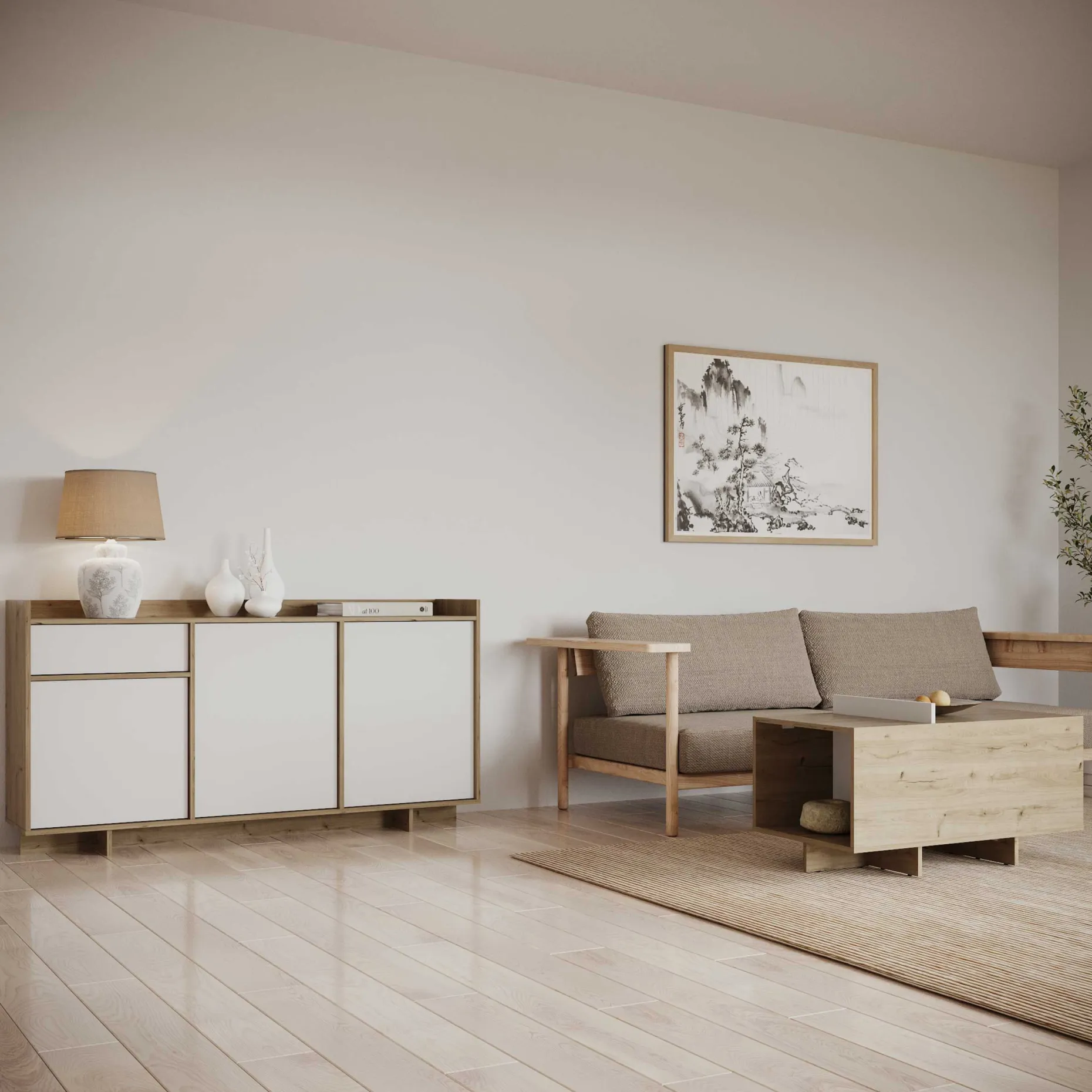 Leda Sideboard - 157x36x82cm - 3 Türen und 1 Schublade - weiß/Eiche Dekor