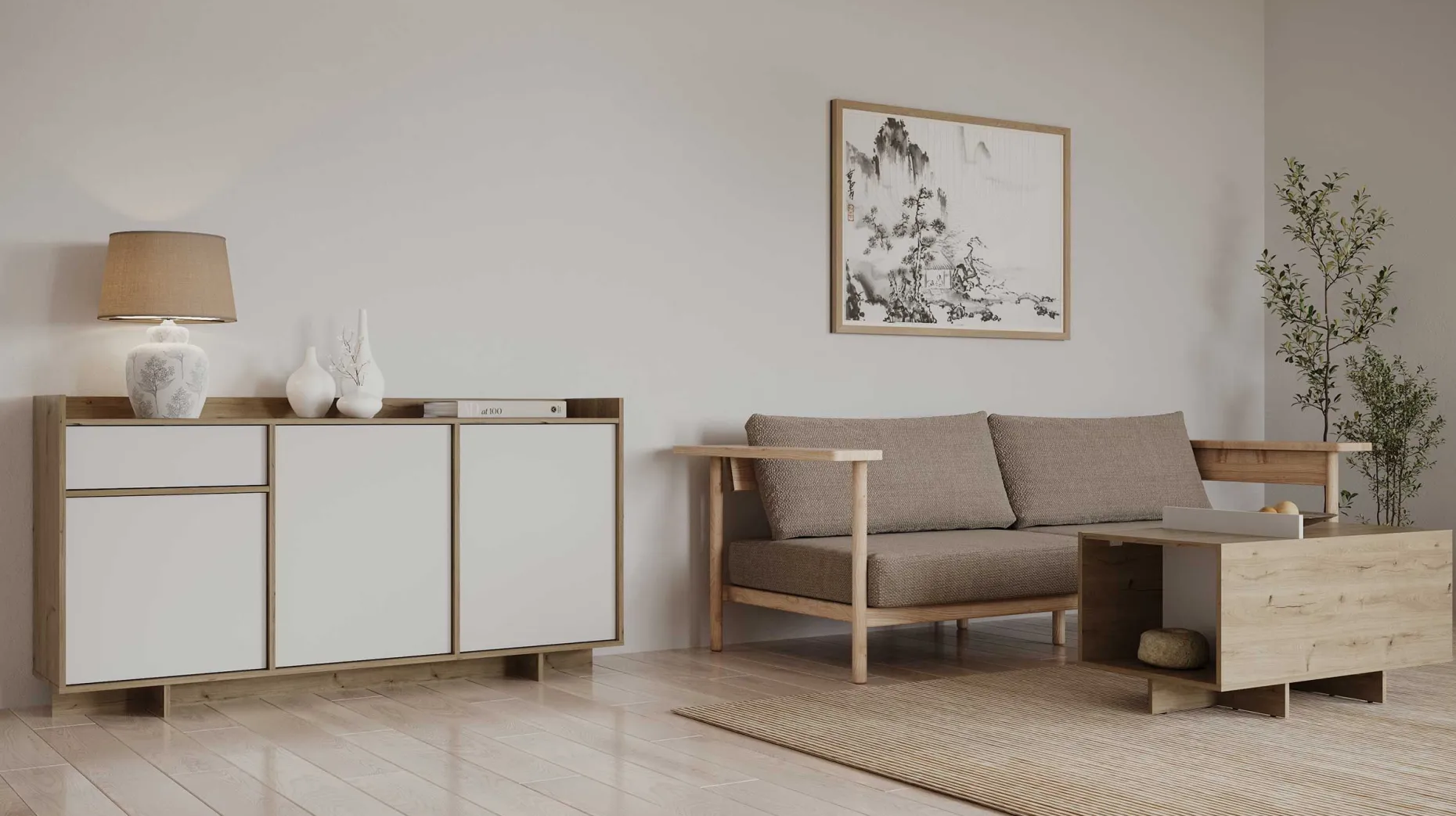 Leda Sideboard - 157x36x82cm - 3 Türen und 1 Schublade - weiß/Eiche Dekor