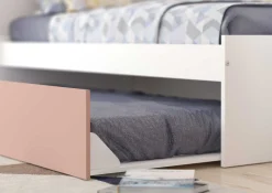 LevBett mit Bettbrücke und Bettkasten -rosa/weiß