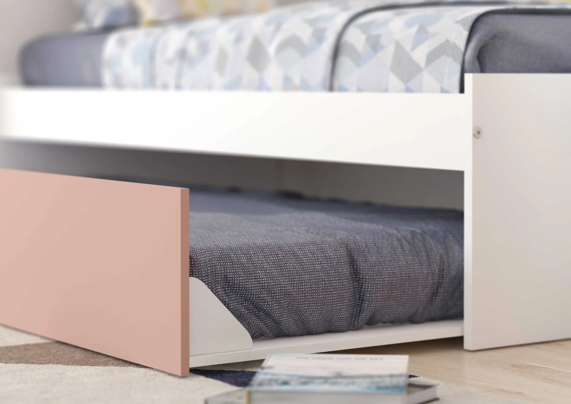 LevBett mit Bettbrücke und Bettkasten -rosa/weiß