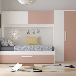 LevBett mit Bettbrücke und Bettkasten -rosa/weiß