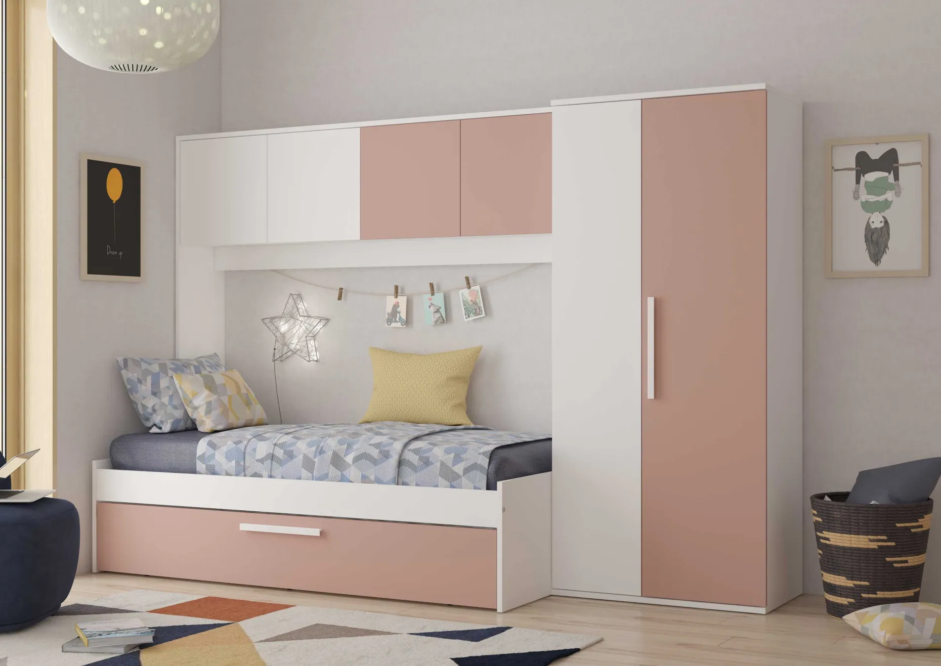 LevBett mit Bettbrücke und Bettkasten -rosa/weiß