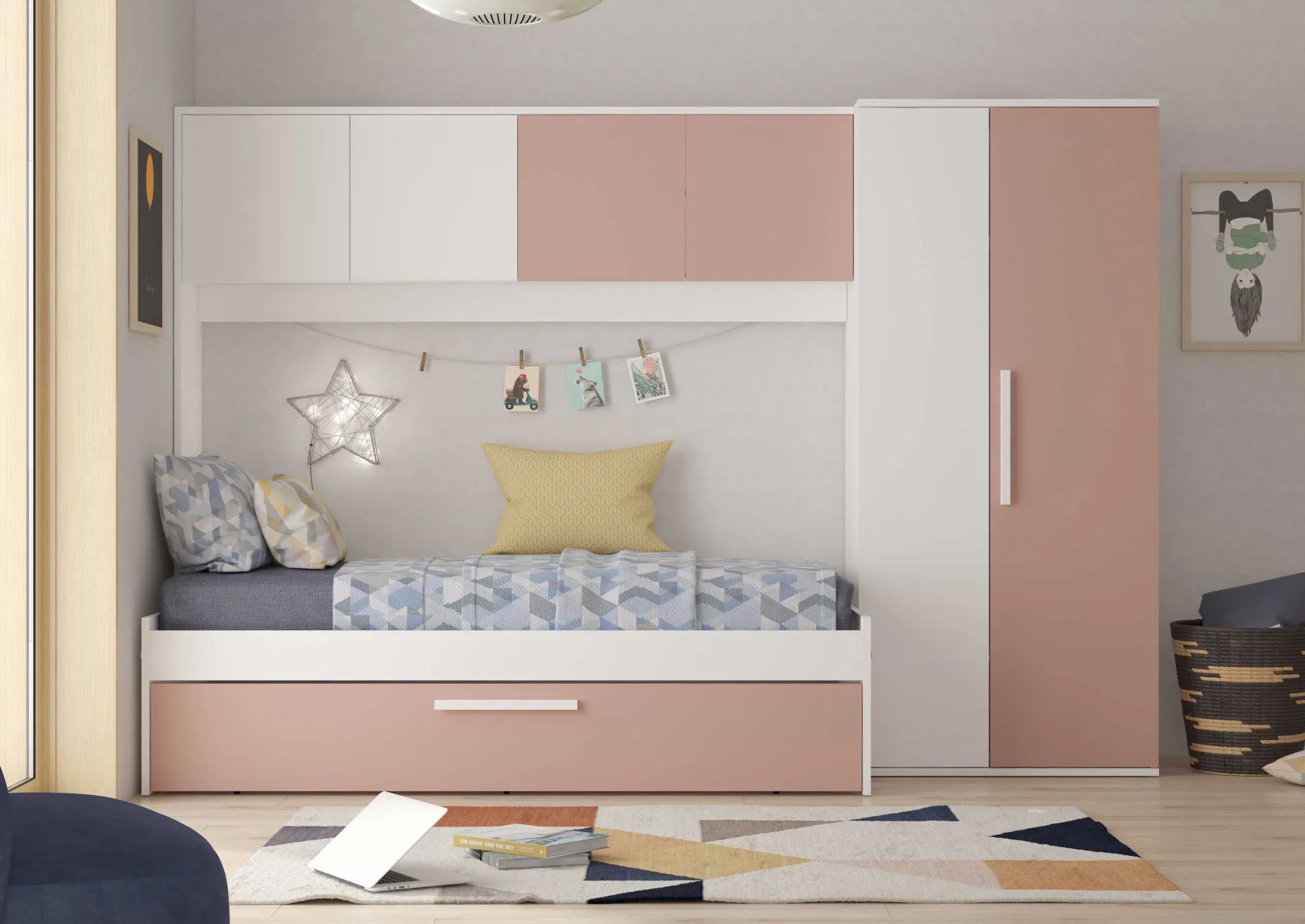 LevBett mit Bettbrücke und Bettkasten -rosa/weiß