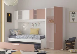 LevBett mit Bettbrücke und Bettkasten -rosa/weiß
