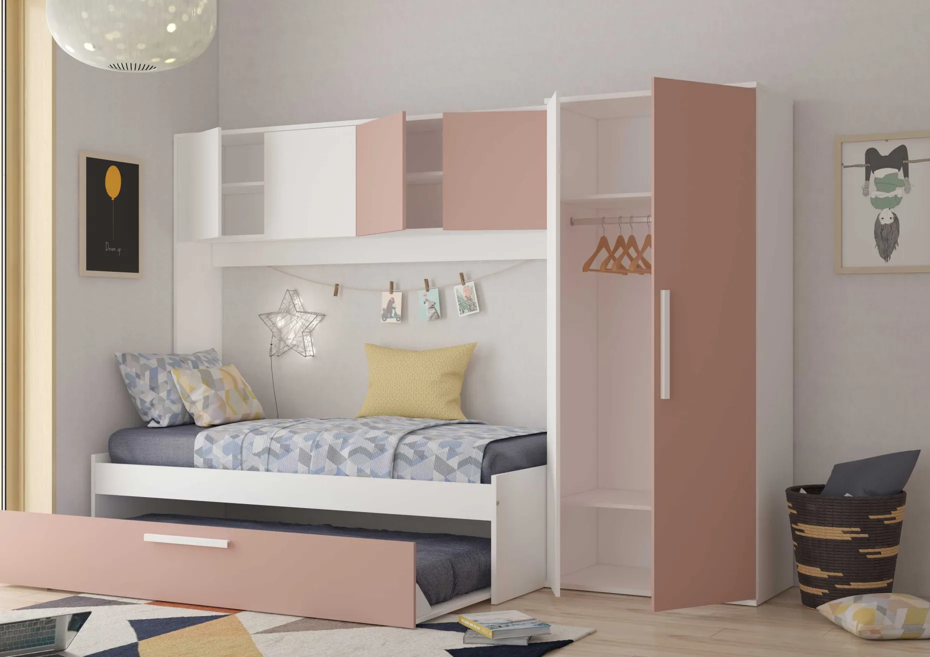 LevBett mit Bettbrücke und Bettkasten -rosa/weiß