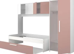 LevBett mit Bettbrücke und Bettkasten -rosa/weiß