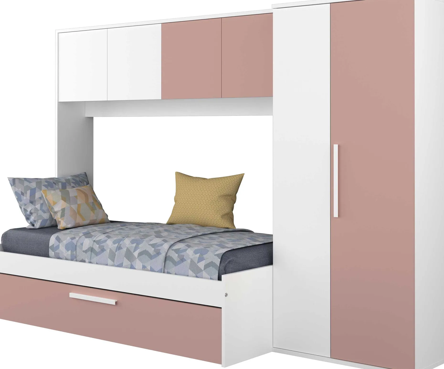 LevBett mit Bettbrücke und Bettkasten -rosa/weiß