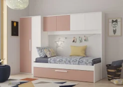 LevBett mit Bettbrücke und Bettkasten -rosa/weiß