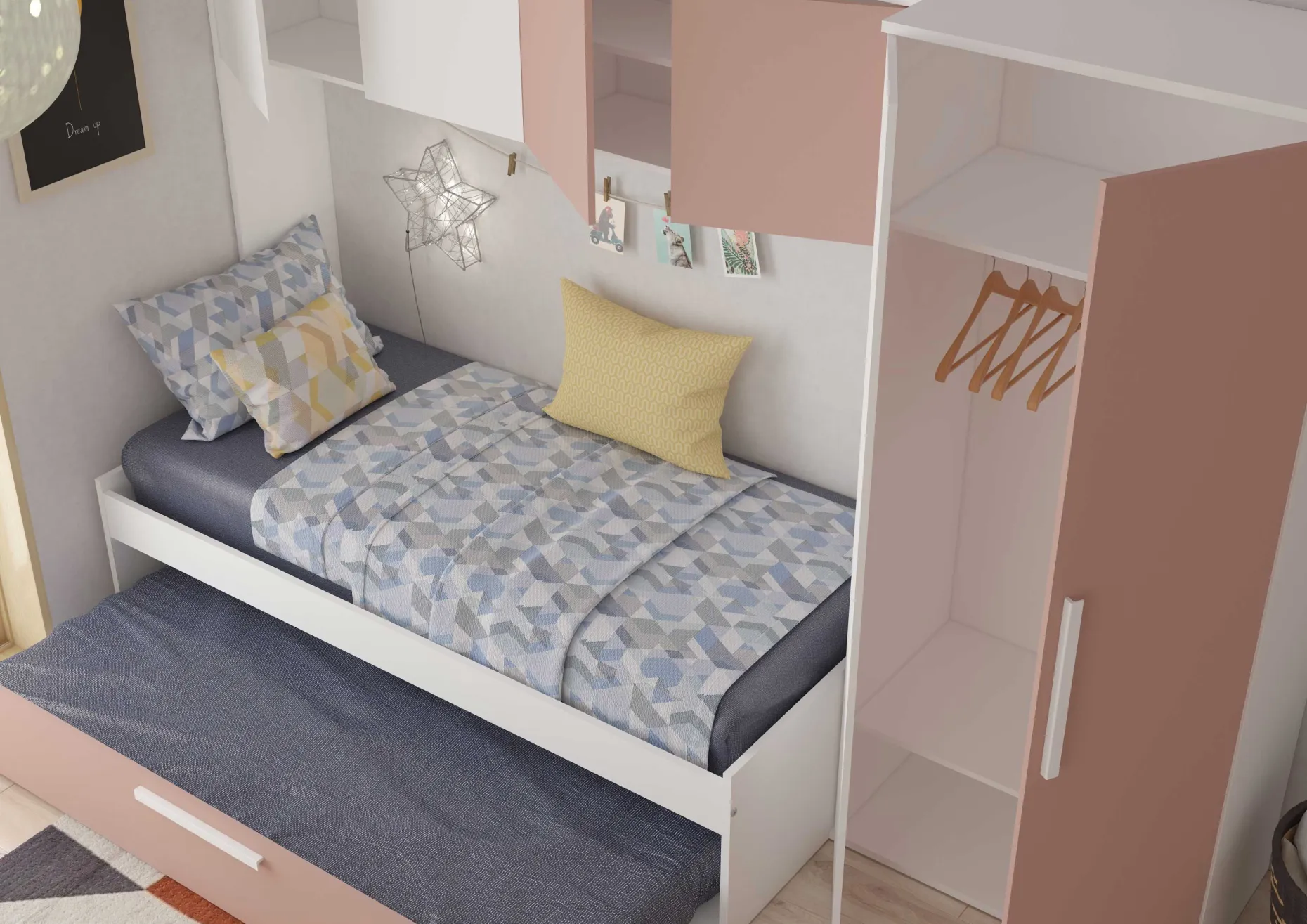 LevBett mit Bettbrücke und Bettkasten -rosa/weiß