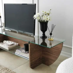 Lily TV TV-Ständer | GEHÄRTETES GLAS | Walnuss