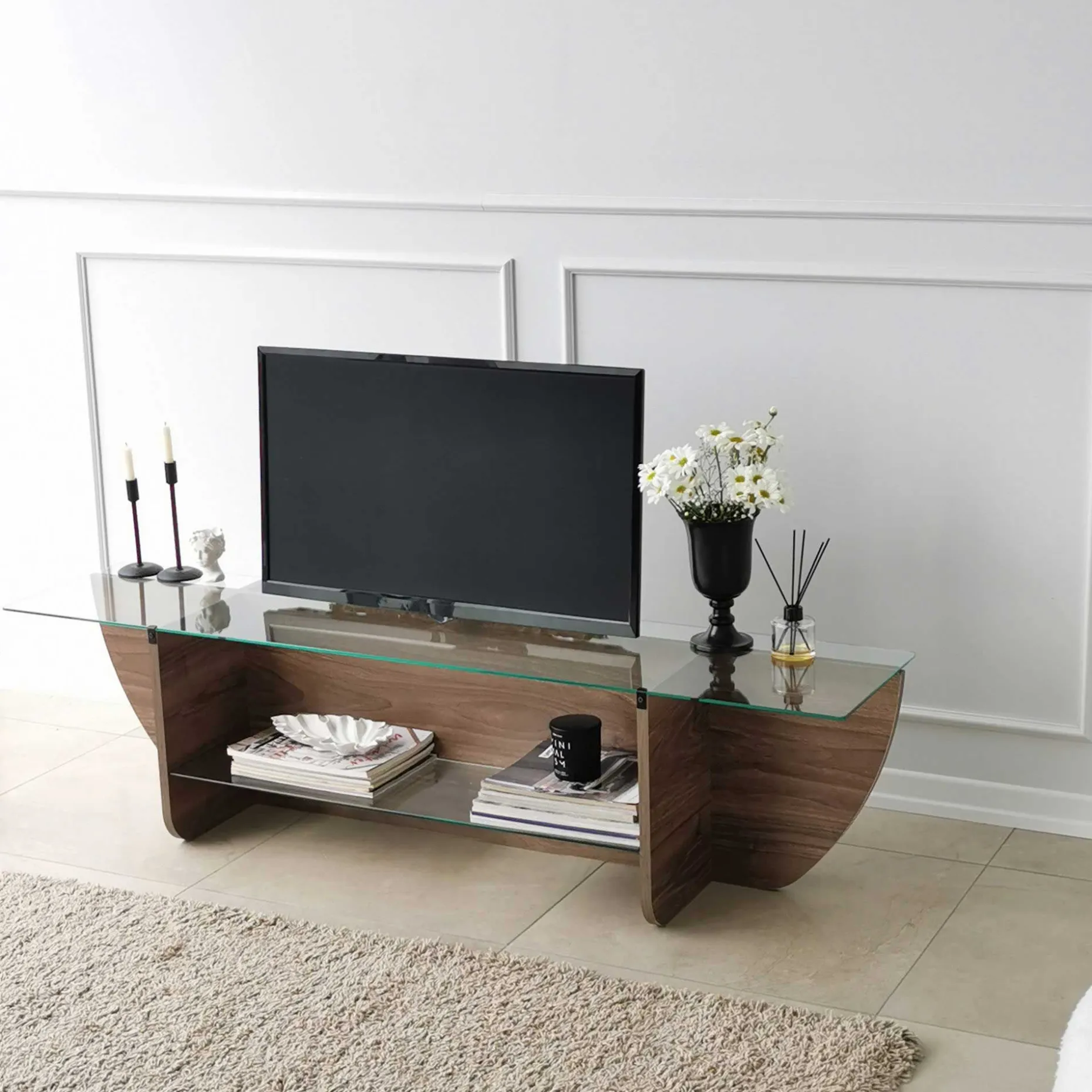 Lily TV TV-Ständer | GEHÄRTETES GLAS | Walnuss