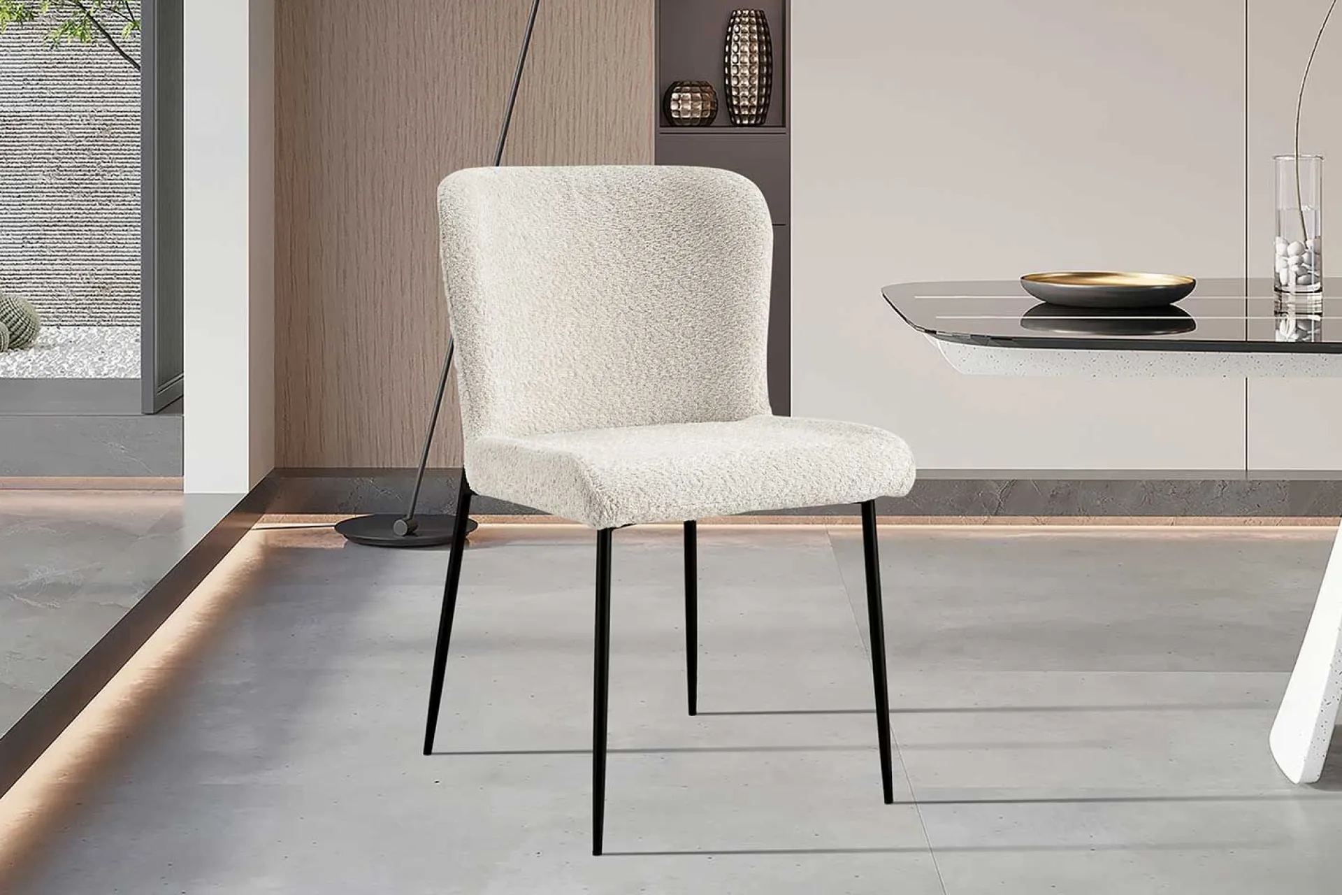 Rousseau Lisa Bouclé Ecru Stuhl - Metallbeine, H 85 x B-L 50 x T-P 62 cm
